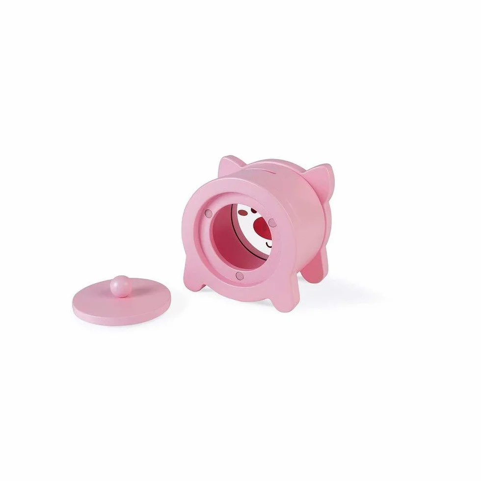 Janod - Wooden Children’s Piggy Bank 5.9 inch - See-Through Side and Magnetic Opening - Children's Room Decoration - Suitable for Ages 3 and Up, J04653