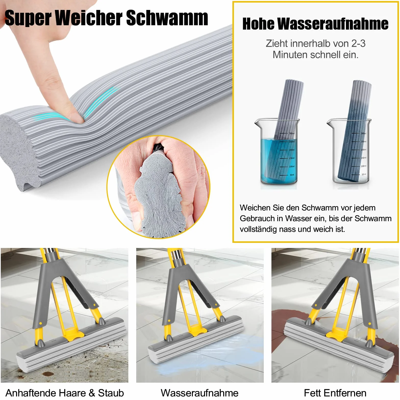 Myiosus PVA Gąbkowy mop, Gąbka podłogowa mop z trzonkiem 130 cm, chłonny mop z 3 głowicami z gąbki, mop do czyszczenia podłóg, składany mop gąbkowy do płytek, marmuru, laminatu, twardego drewna