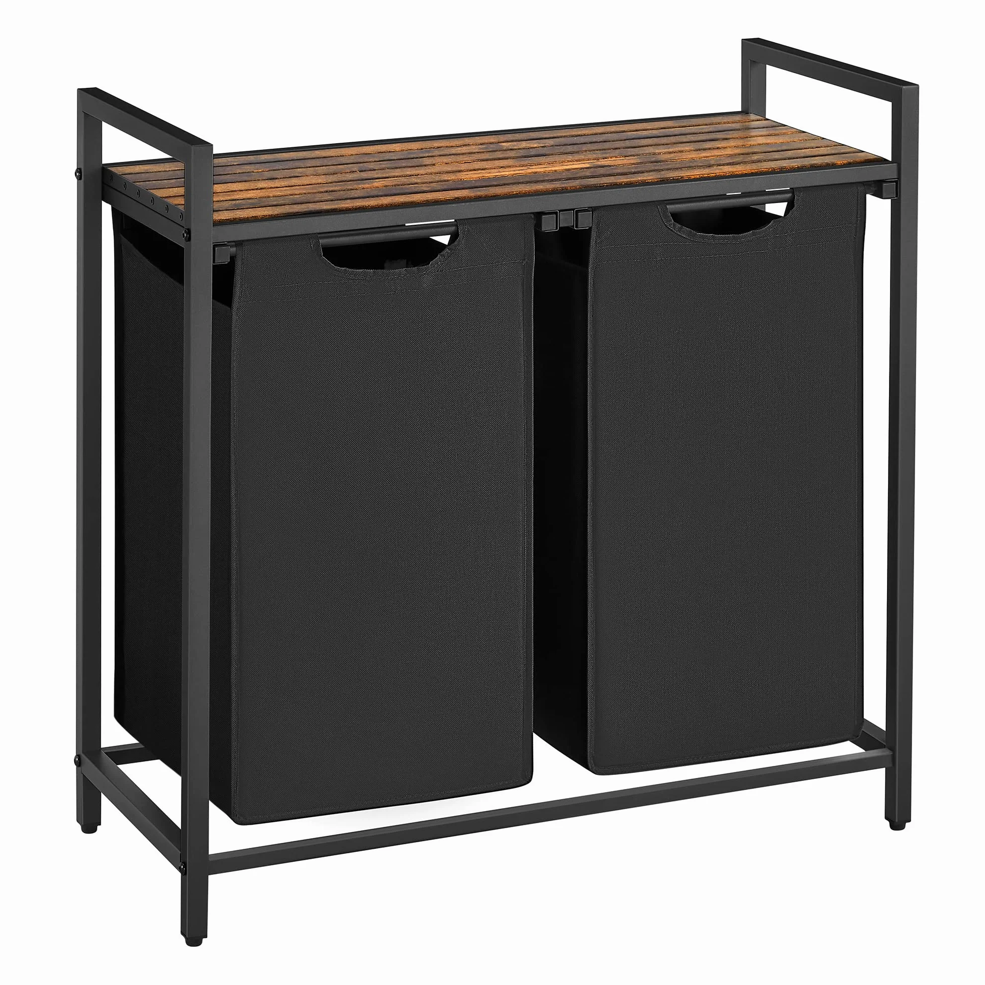 VASAGLE kosz na pranie brudny, kosz na bieliznę, taca z 2 wyjmowanymi torbami z tkaniny Oxford, metalowa rama, 2 x 46L, 73 x 33 x 72 cm, rustykalny brąz i czarny BLH201B01V1