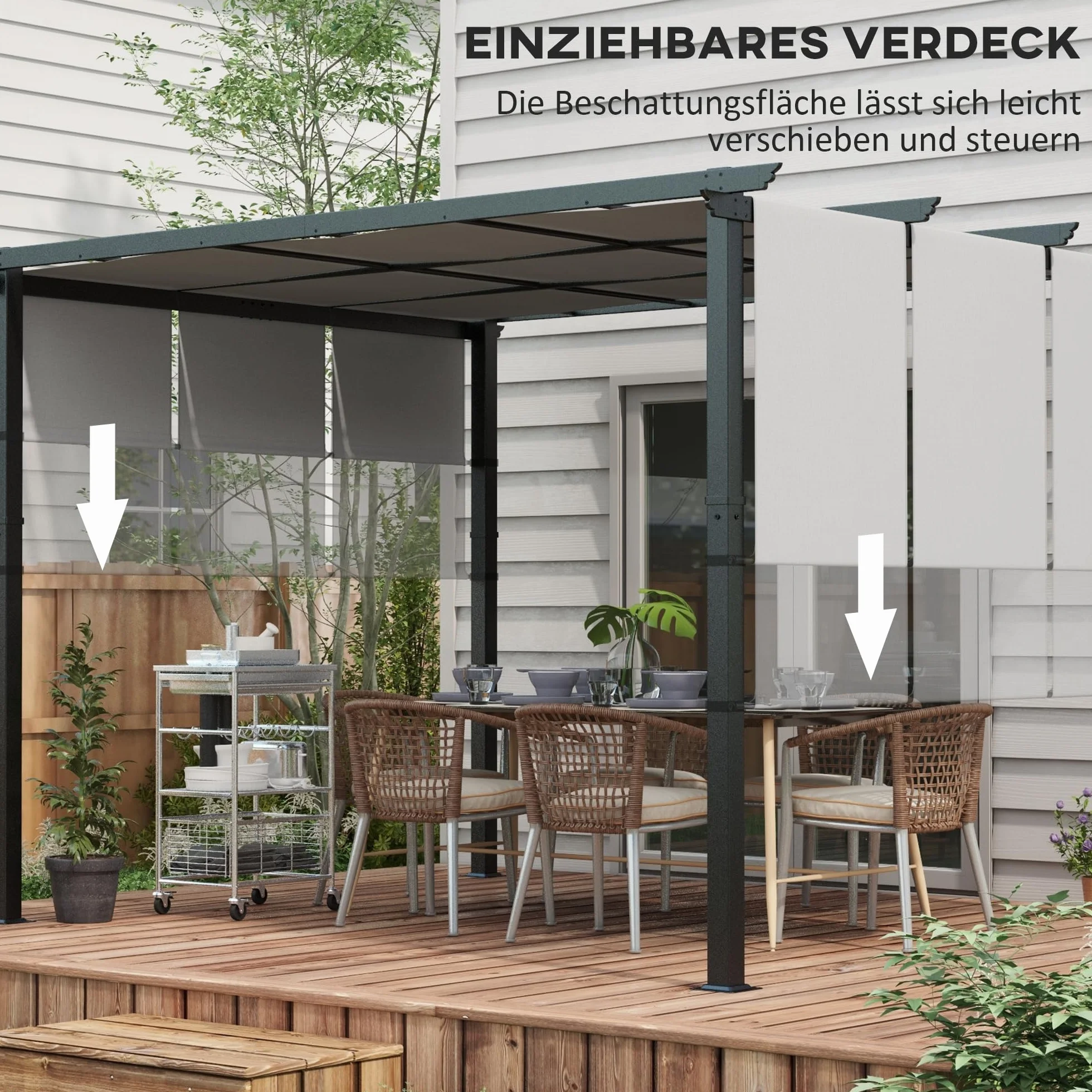 Outsunny Pergola ok. 3,5x3m Pawilon ogrodowy z regulowanym dachem, zadaszenie tarasowe, wolnostojący pawilon stalowy, ochrona przed słońcem na taras i do ogrodu, jasnoszary