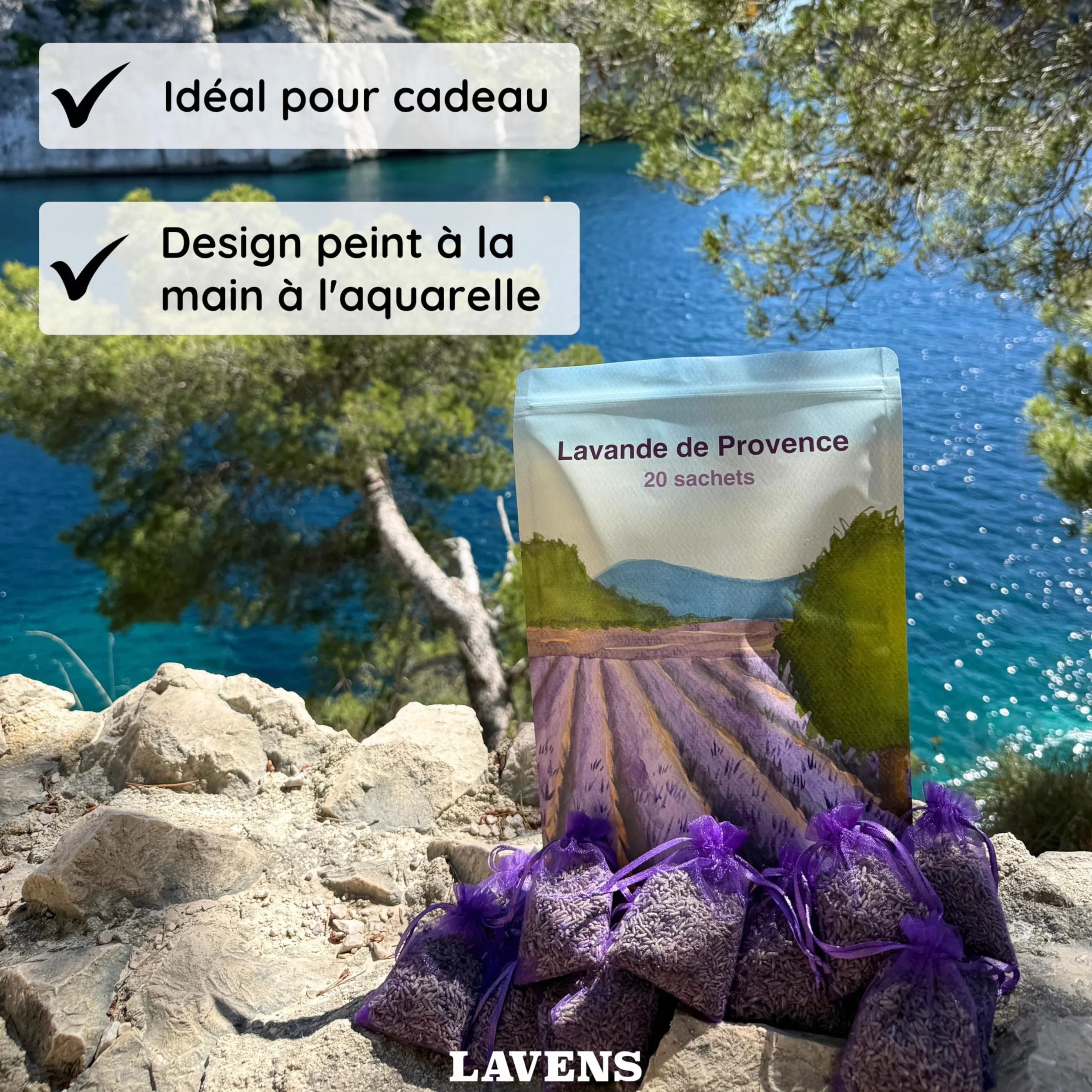 LAVENS | 20 pachnących torebek z lawendą | Origine Provence Francja | 120 G | Torba zapachowa do szafki, na pranie i szafę. Wysokiej jakości suszona lawenda o intensywnym zapachu.