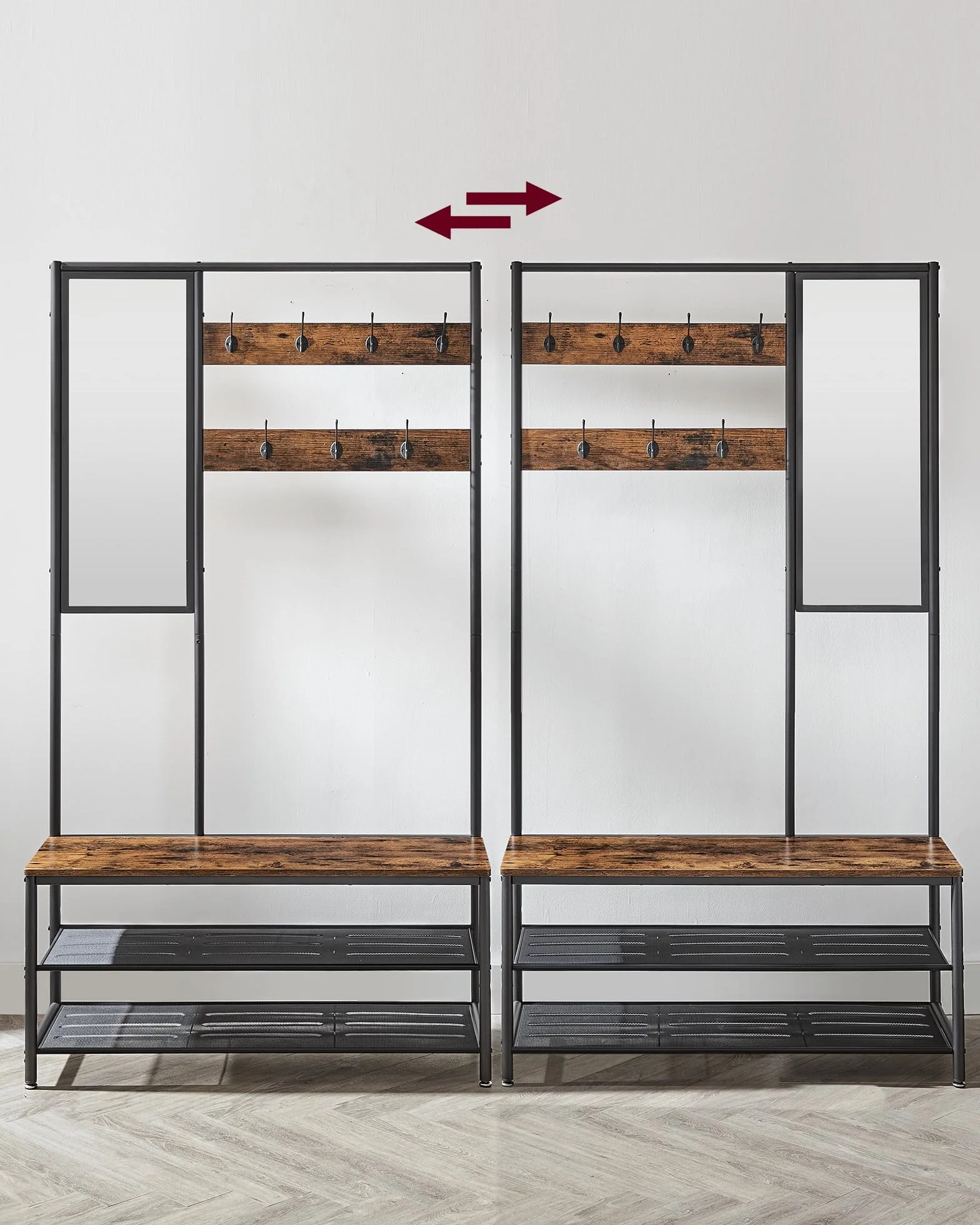 VASAGLE Wieszak na ubrania z organizerem na buty, wieszak na ubrania na korytarz z lustrem, haczykami, ławką i półkami na buty, 35 x 98 x 180 cm, korytarz do sypialni, styl industrialny, rustykalny