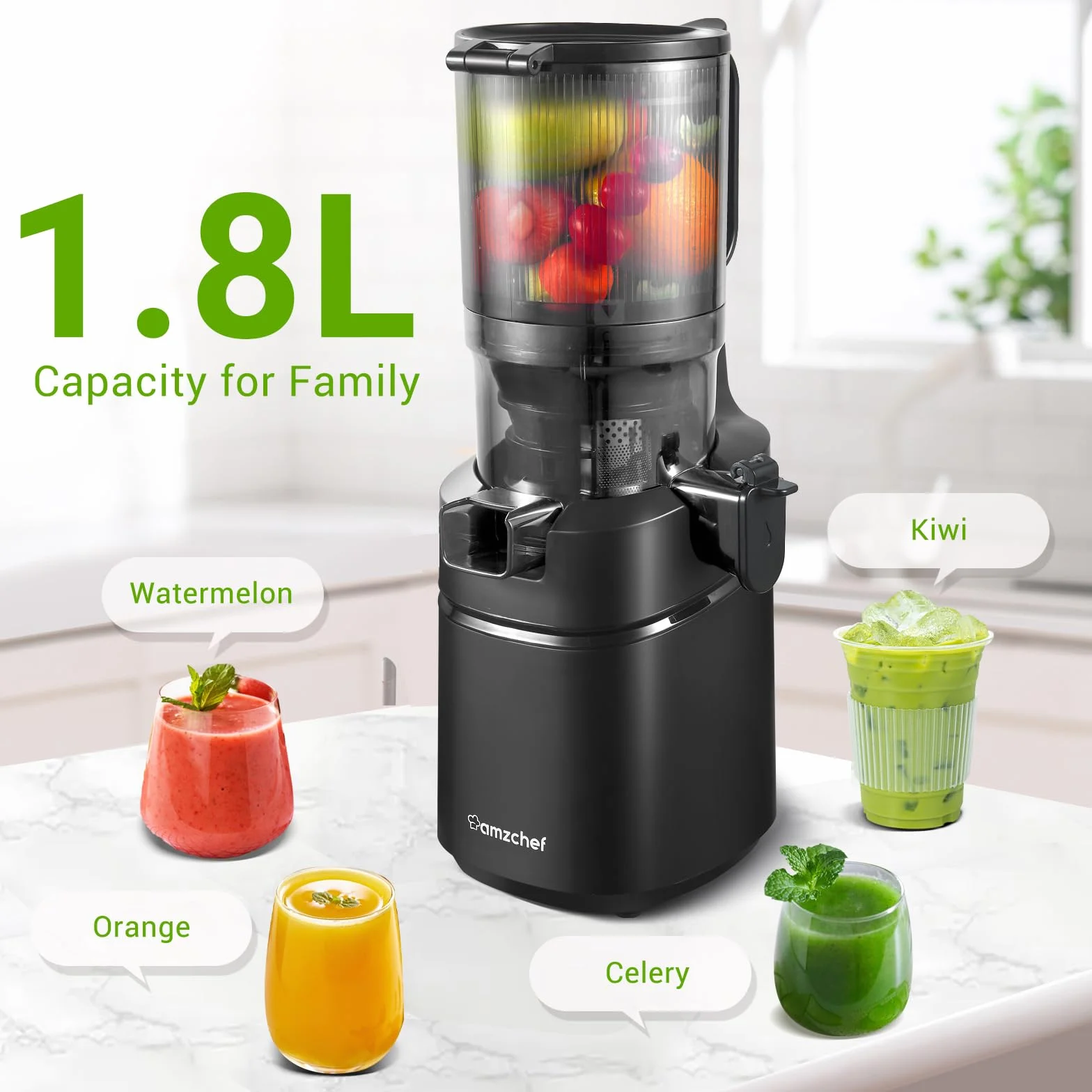 AMZCHEF Automatyczna sokowirówka All-in-One, otwór 135 mm i 1,8 l sokowirówka do warzyw i owoców, 250 W, zwycięzca testu z potrójnym filtrem, kolor czarny