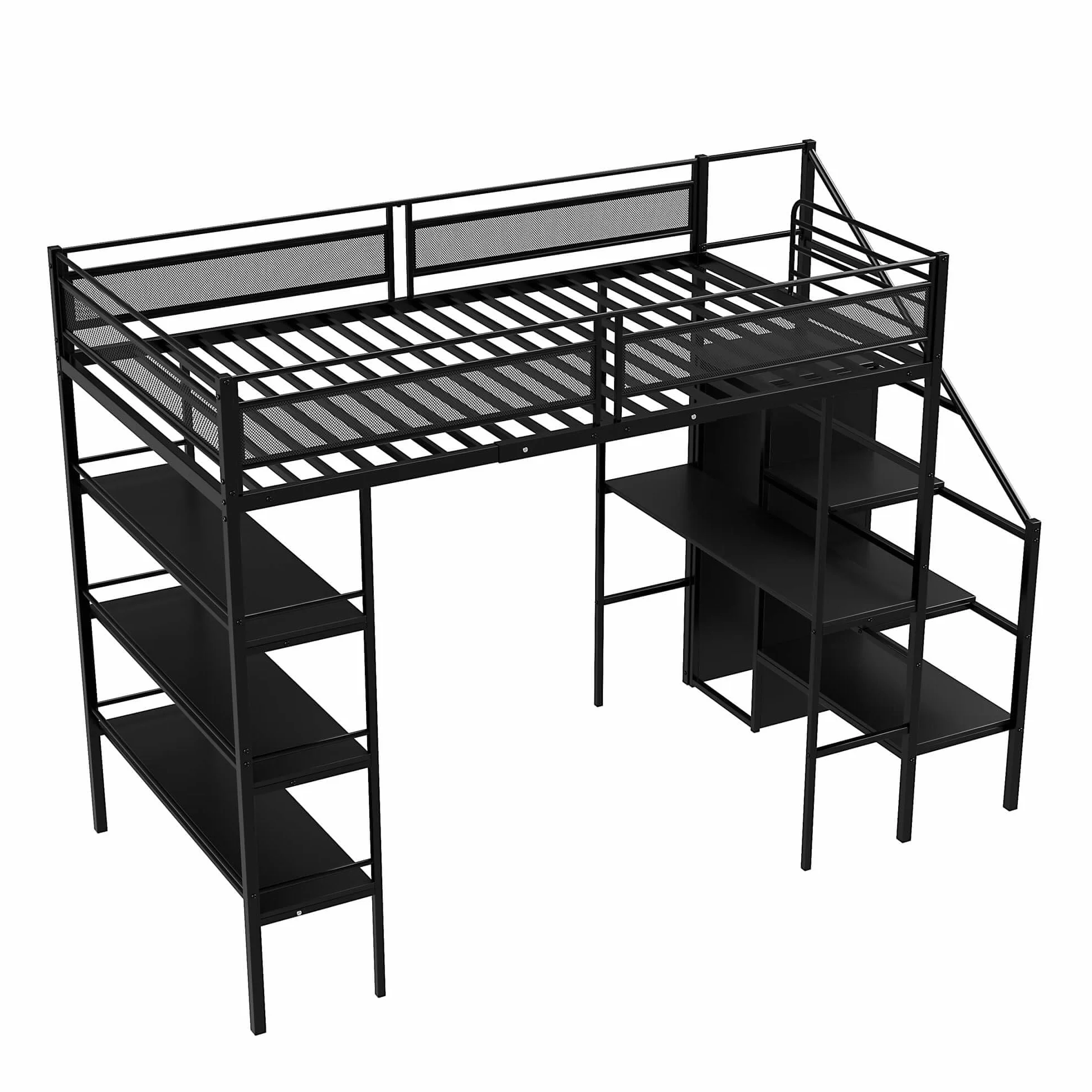 Łóżko piętrowe metalowe 90 x 200 cm, biurko i szafa na ubrania, łóżko piętrowe z półką i schodami, rama łóżka z miejscem do przechowywania, łóżko dla dzieci i młodzieży, czarne