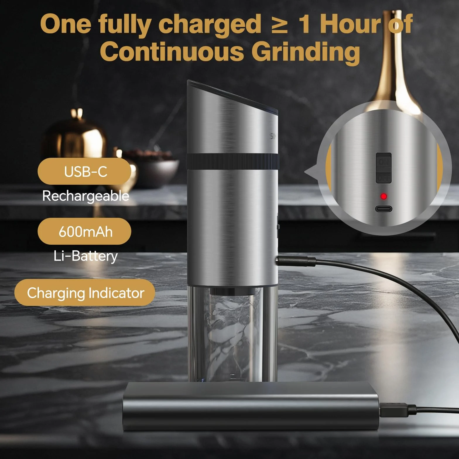 SIMPLETASTE Elektrycznych Młynków do Pieprzu Zestaw i Soli z Zewnętrznym Pierścieniem Regulacji, Sensor Grawitacyjny, Ładowanie USB-C, regulowany ceramiczny mechanizm mielący, 2 sztuki