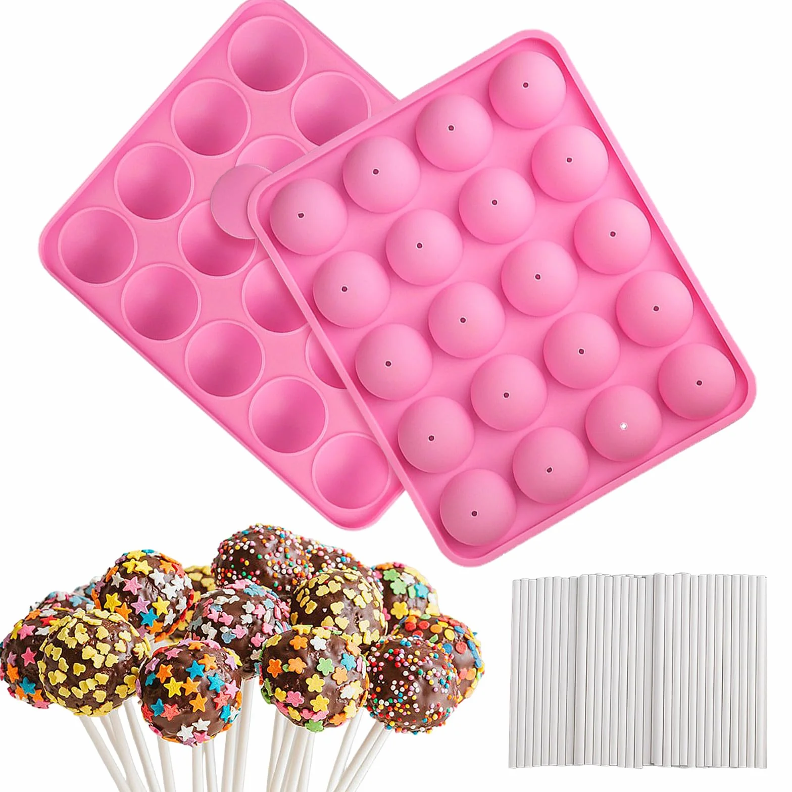 Forma Pop Cake, foremki na cukierki, 20 wgłębień silikonowa forma do wyskakujących patyczków, z 100 patyczkami do smoczka czekoladowego, narzędzia do pieczenia DIY, różowa