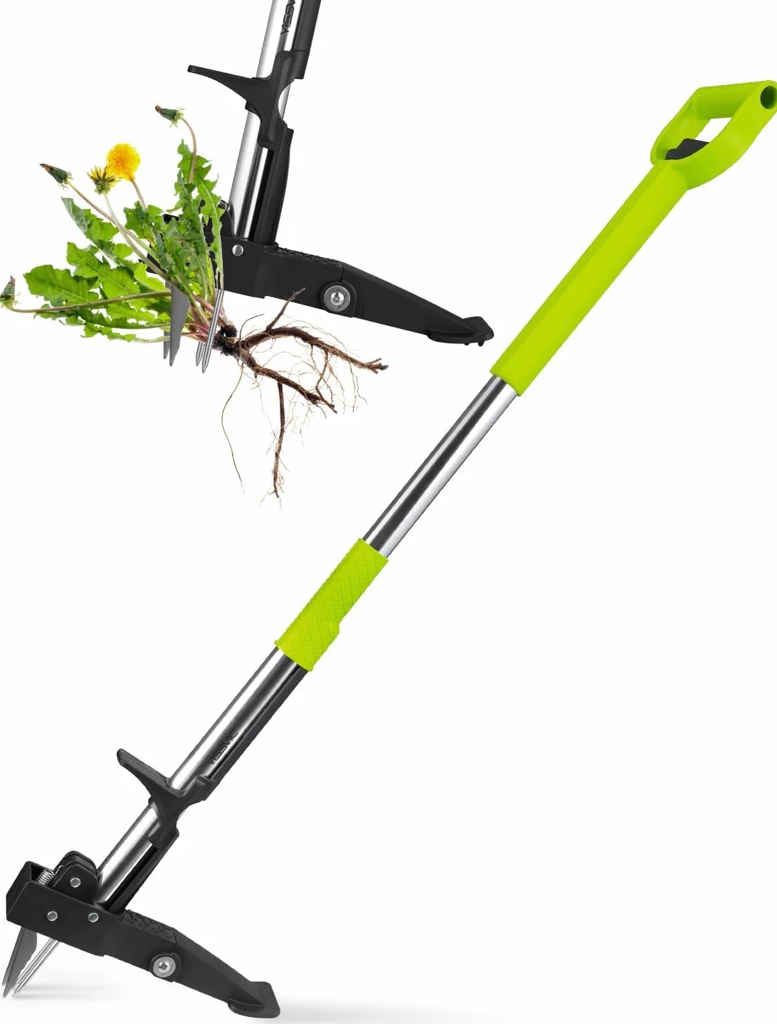 YISSVIC Mechaniczny ściągacz do chwastów ze stali nierdzewnej, 4 pazury i nożny, teleskopowe narzędzie do usuwania korzeni, ręczne narzędzie do chwastów do ogrodu, zielony