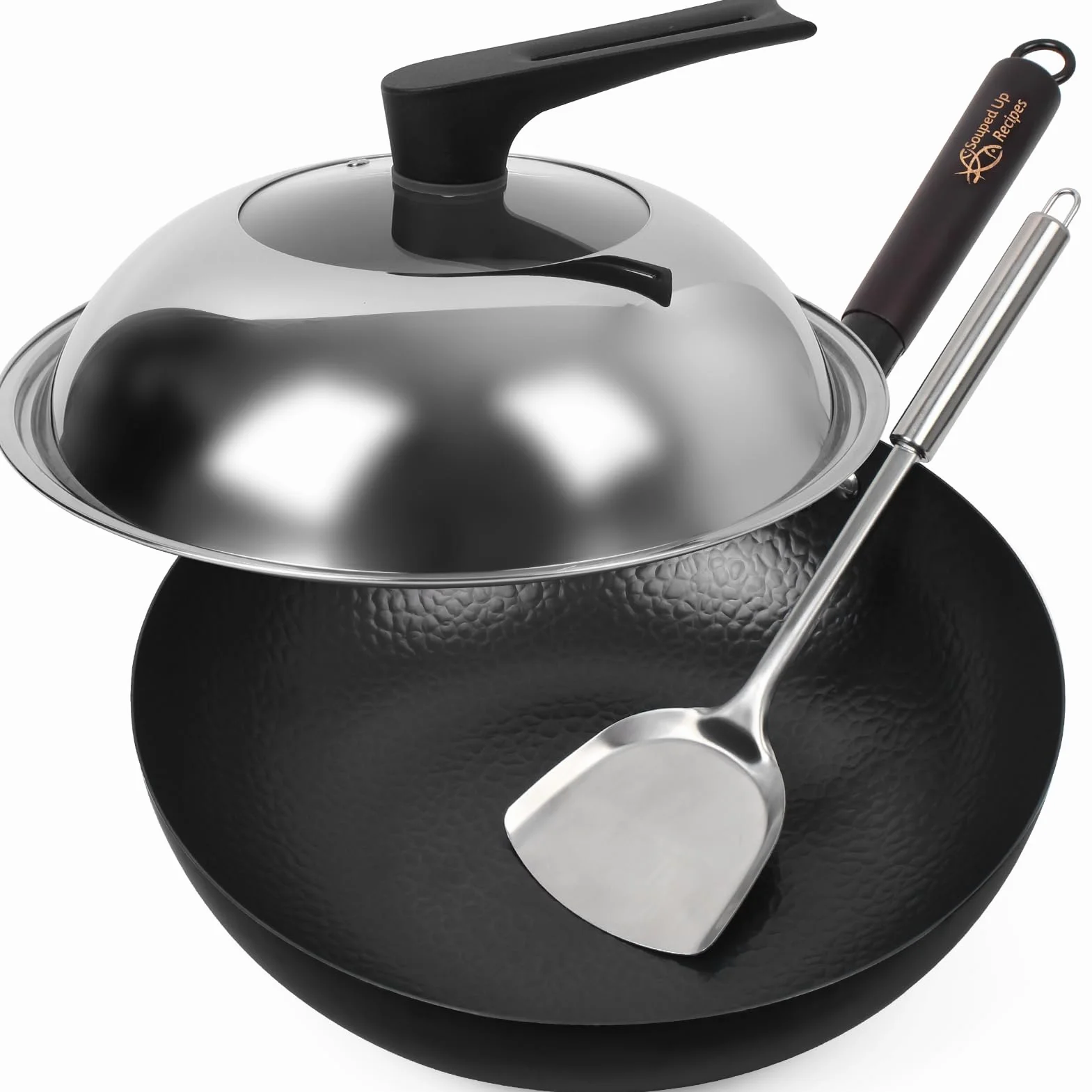 Souped Up Recipes Patelnia typu wok 34 cm/7 l, chińska patelnia ze stali węglowej, do kuchenek elektrycznych, indukcyjnych, kuchenek gazowych (pokrywka, szpatułka i instrukcja obsługi w zestawie)