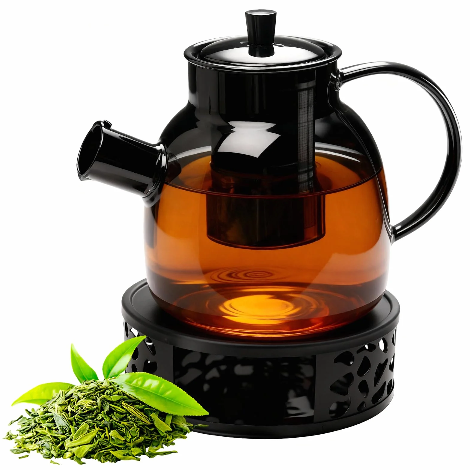 Dzbanek do Herbaty 1500 ml z Podgrzewaczem, Dzbanek do Herbaty z Zaparzaczem i Pokrywką, Szklany Zaparzacz do Herbaty z Wyjmowanym Zaparzaczem do Herbaty sypanej, Herbaty Owocowej, Herbaty Zapachowej