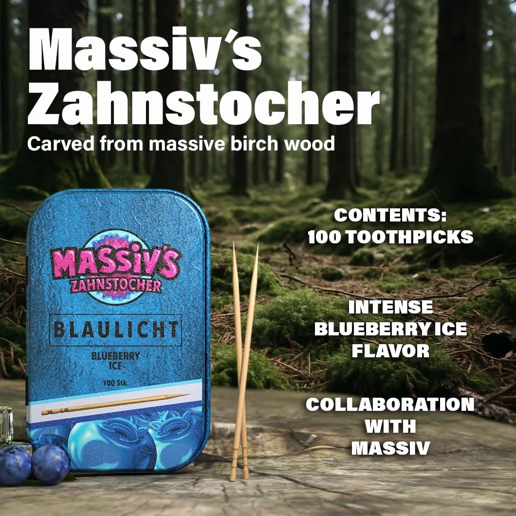 Massiv’s Toothpicks – Smakowe wykałaczki – BLAULICHT Blueberry Ice – 100 smakowych wykałaczek – Świeży oddech – Stylowa metalowa puszka – Wegańskie, bez cukru, bez kalorii