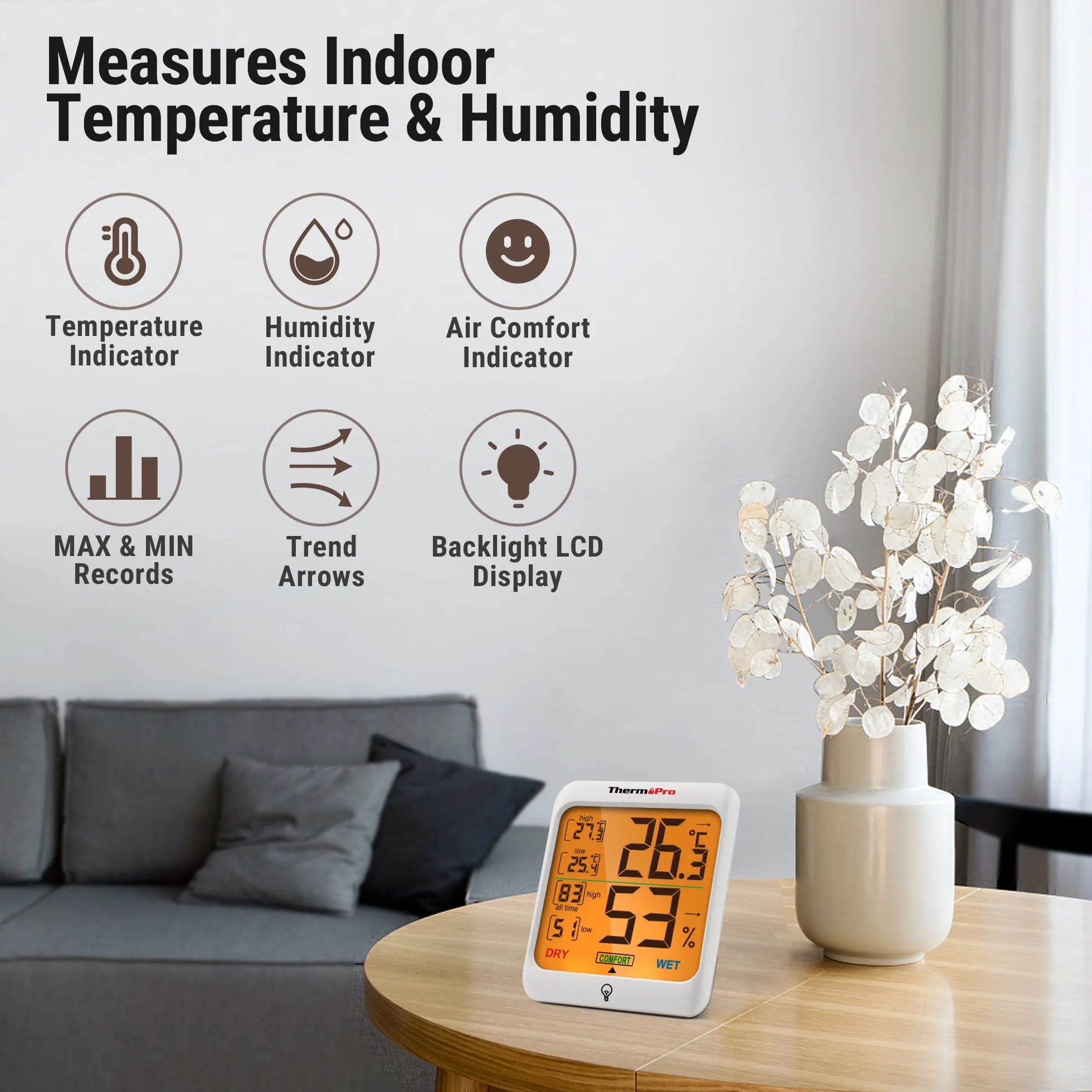 ThermoPro TP53 Zestaw 2 higrometrów, wskaźnik wilgotności w pomieszczeniu, pomiar temperatury i wilgotności, termometr pokojowy z podświetleniem, termometr dla gadów z dużym wyświetlaczem