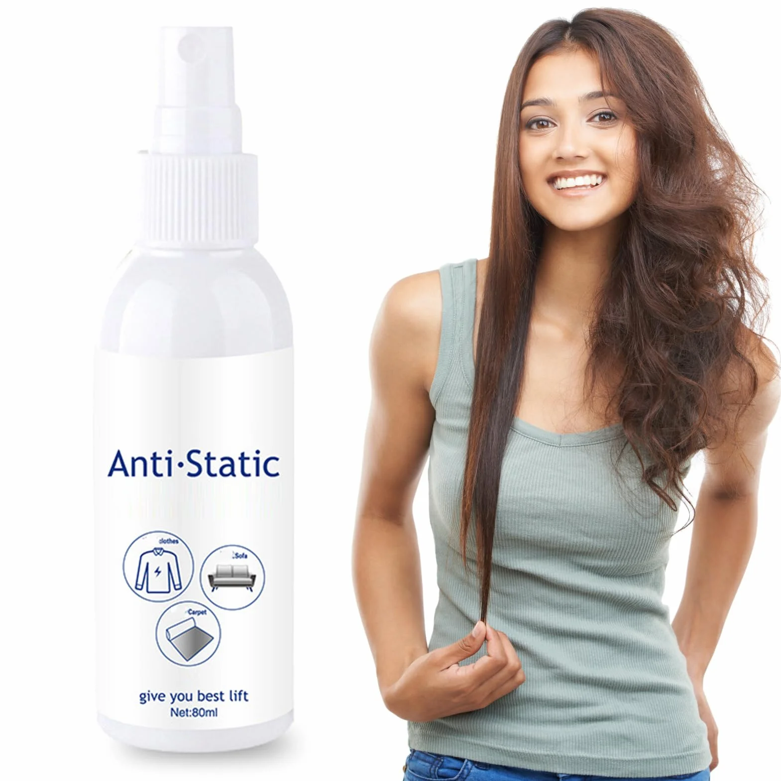 Antystatyczny spray, 80 ml, natychmiastowe usuwanie statycznego ładowania włosów i tekstyliów, natychmiastowe działanie i długotrwałe działanie, płyn do płukania, pielęgnacja ubrań i dywanów