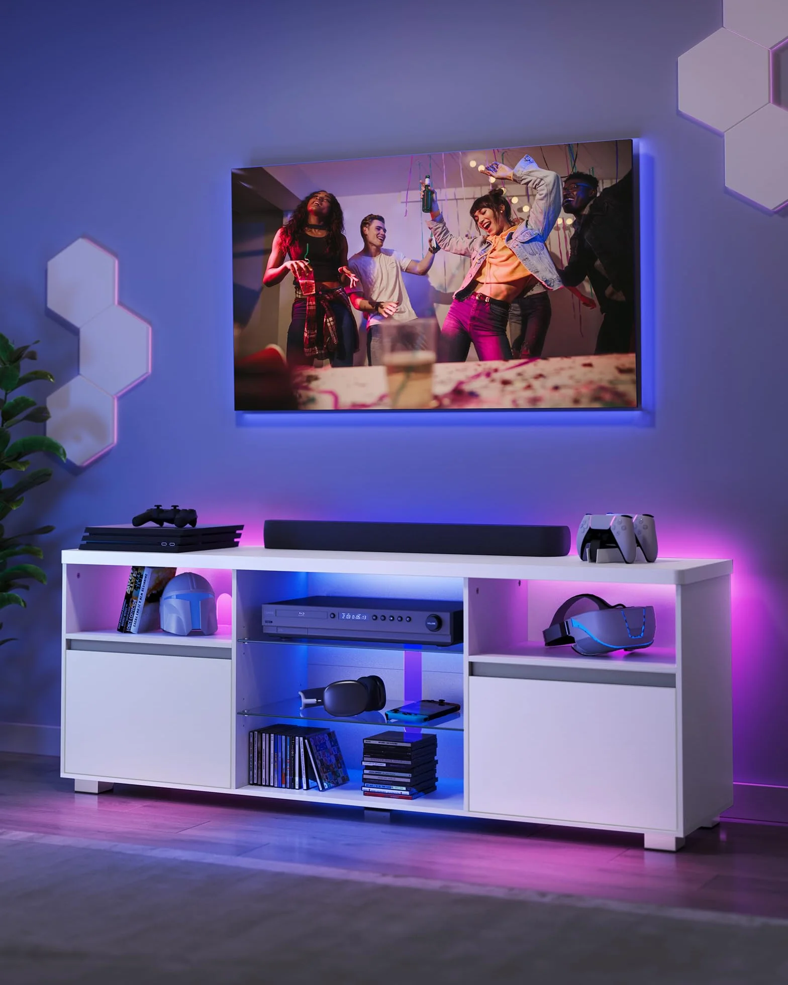 Kolekcja VASAGLE KAILYN - szafka pod telewizor z oświetleniem LED, stół pod TV, stojak na telewizor do 70 cali, z otwartymi półkami, 2 szafki z drzwiami, 160 cm, do salonu, biały LTV331T10