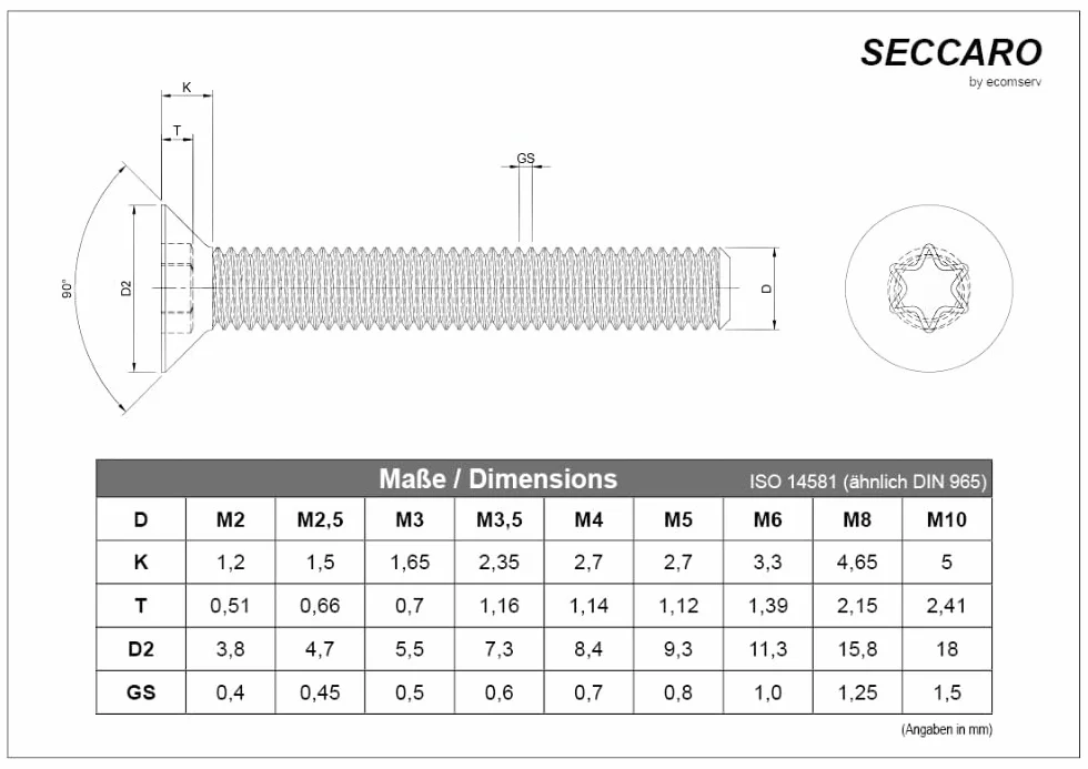 SECCARO Śruba wpuszczana M3,5 x 8 mm, stal szlachetna V2A VA A2, ISO 14581, sześciokątny okrągły (TX), pełny gwint, 20 sztuk