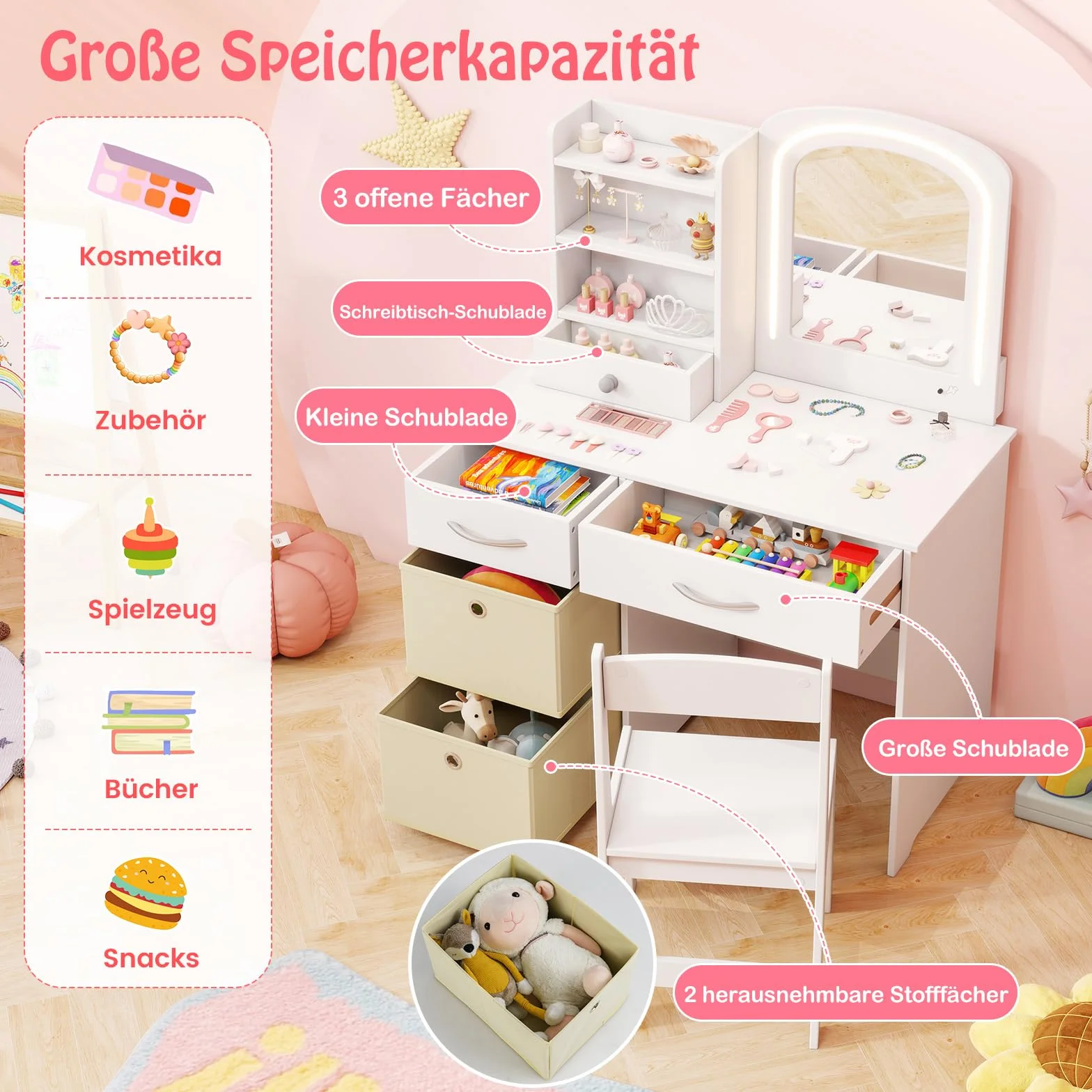 COSTWAY Stolik do Makijażu dla Dzieci z Oświetleniem, Stolik Makijażowy dla Dzieci z Lusterkiem, Szufladami i 2 Pudełkami na Przechowywanie, Stół do Fryzjerstwa Księżniczka z Taburetem, Stolik