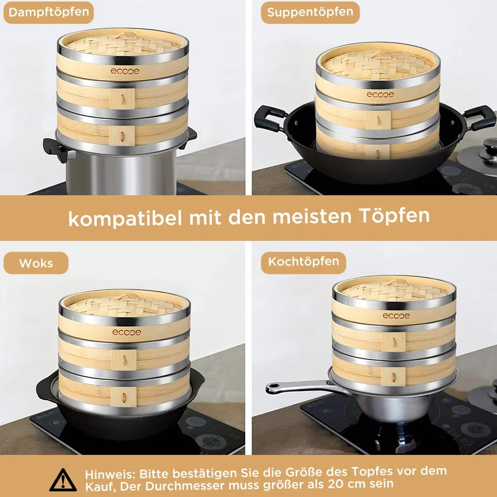 ecooe Bambusowy kosz do gotowania na parze z 2 bawełnianymi ściereczkami, bambusowy parownik do warzyw, dim sum, ryb i mięsa (średnica 20 cm)