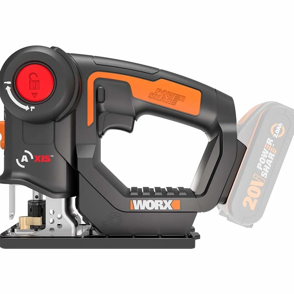 WORX WX550.9 Wyrzynarka do Cięcia Drewna, Stali i PVC, Uniwersalna Pilarka 2 w 1 z Wyrzynarką i Piłą Szablastą oraz Szybkim Przełączaniem, 20 V, z Dmuchawą Pyłu i Mechanizmem Wahadłowym