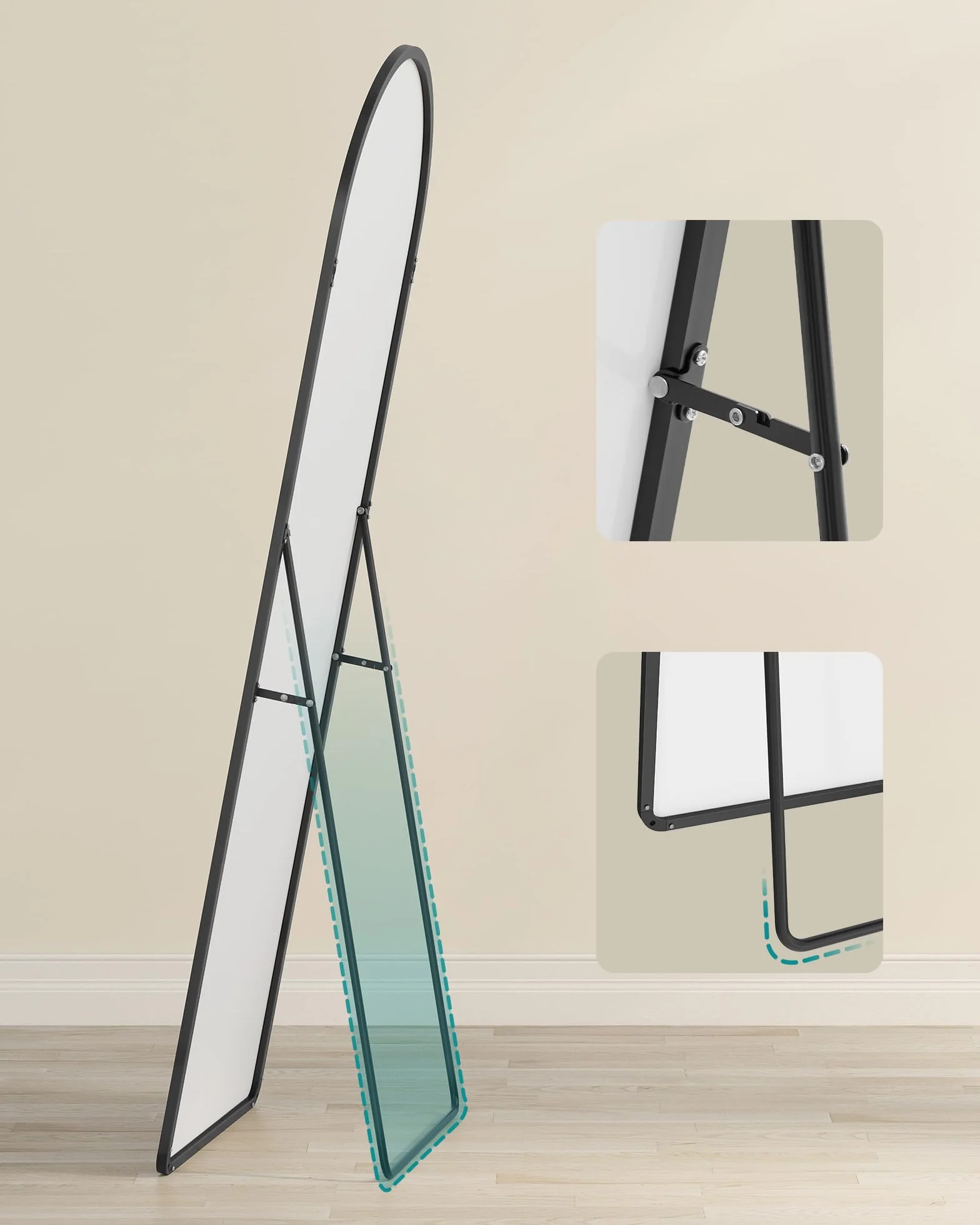 SONGMICS Lustro pełnej długości, łukowe lustro podłogowe z podstawką, rama ze stopu aluminium, szkło hartowane, do sypialni, salonu, szatni, zaokrąglony narożnik, 160 x 50 cm, czarny matowy LFM051BD01