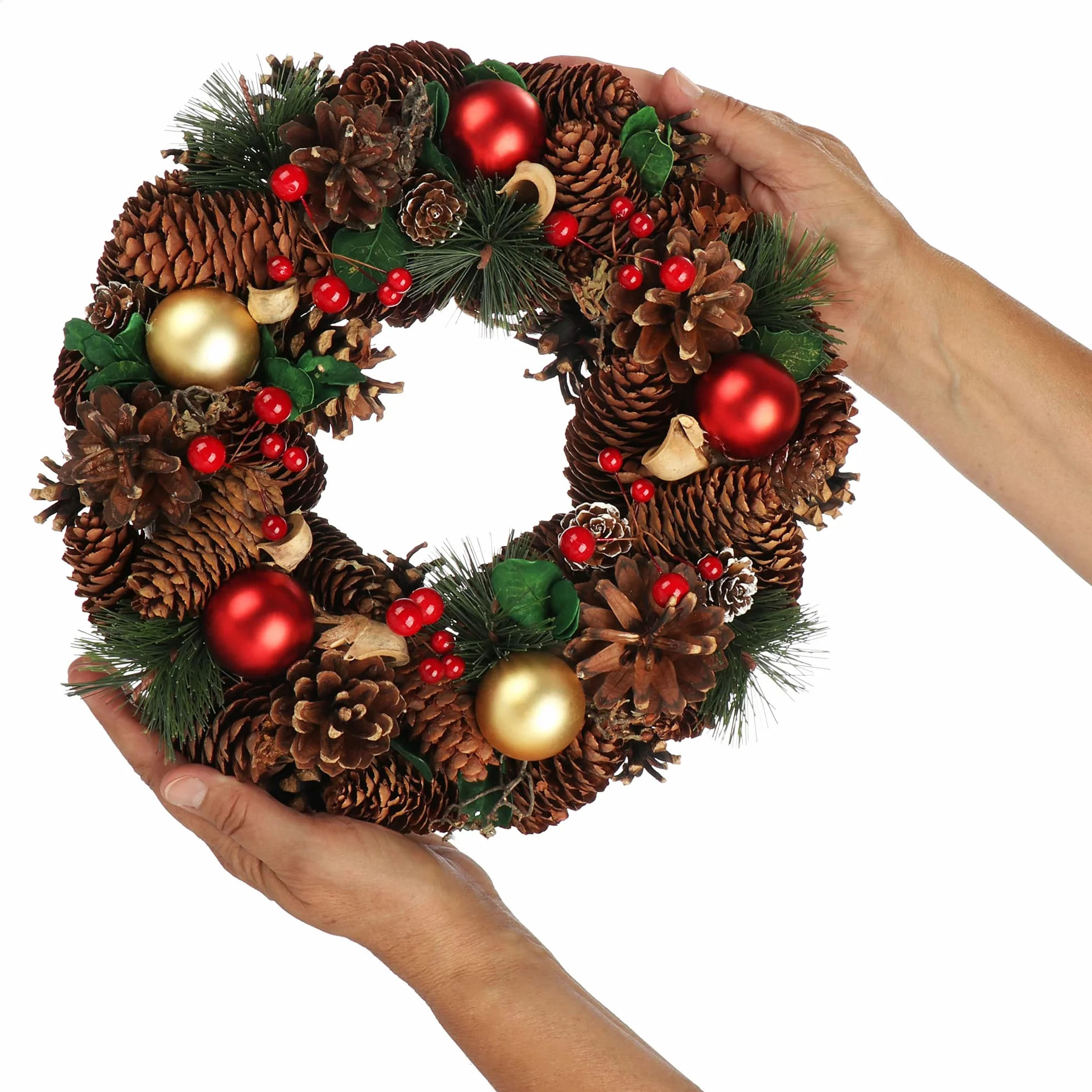 COM-FOUR® Wieniec swiateczny na drzwi - Wieniec adwentowy z szyszkami i bombkami choinkowymi - Wieniec dekoracyjny Ø ok. 30 cm - Dekoracja swiateczna (kulki zlote + czerwone)