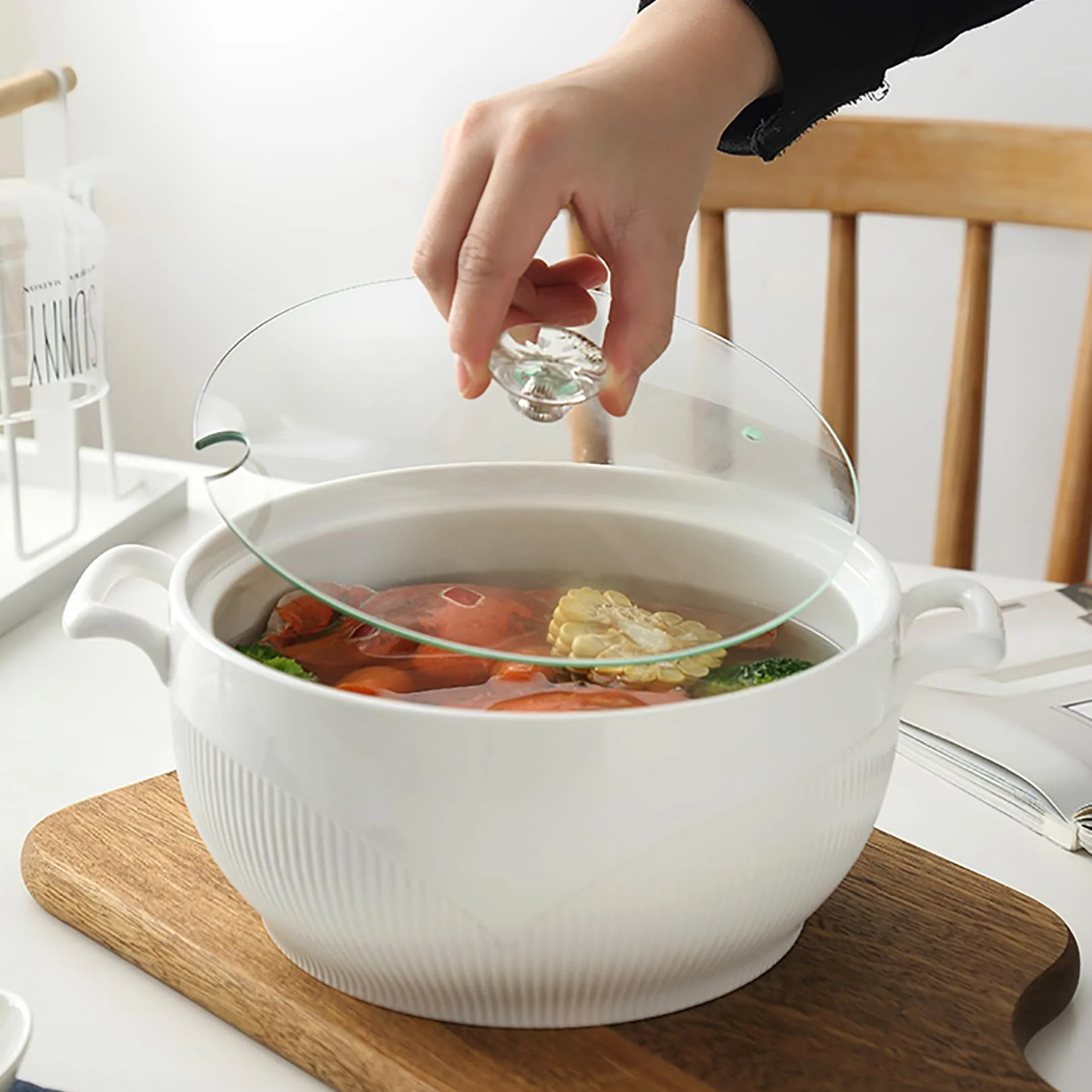 Waza do zupy ze szklaną pokrywką i łyżką, miska do zupy porcelanowej do serwowania stołów kuchennych,White,L