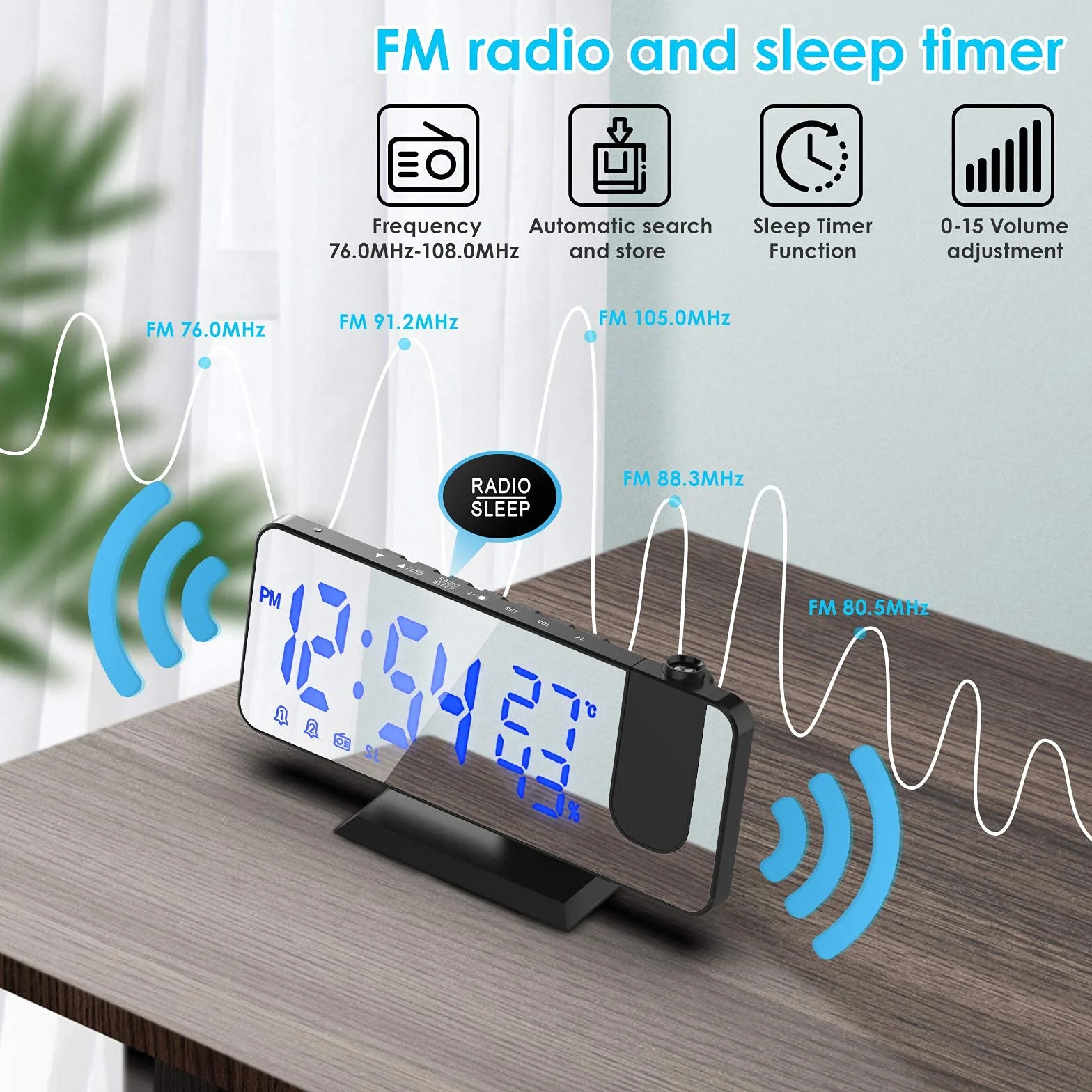 TAKRINK budzik cyfrowy, budzik radiowy z 4 poziomami jasności ekranu, budzik projekcyjny z wyświetlaniem temperatury, z projekcją, podwójny alarm 12/24 h, port USB