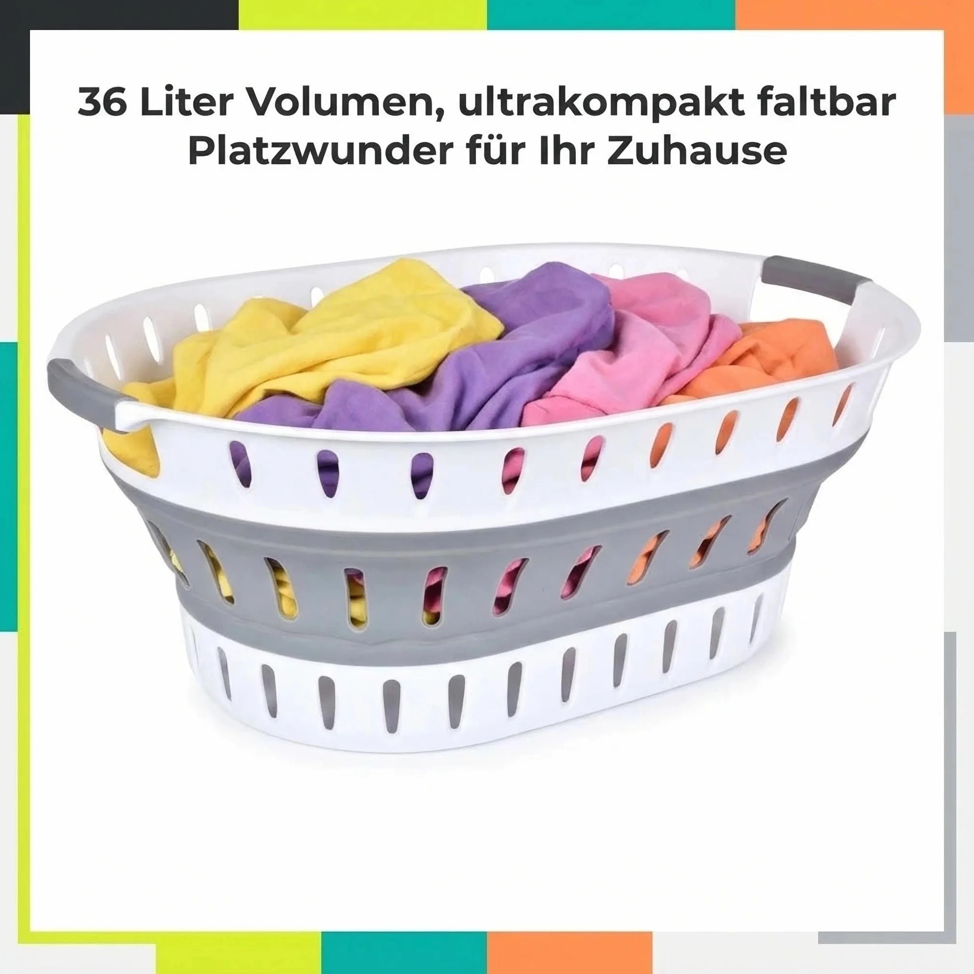 König Design Kosz na pranie składany 36 litrów – kosz do przechowywania z uchwytami, 60 x 43,5 x 23 cm, szary/biały – stabilny kosz na pranie do łazienki, sypialni i pokoju dziecięcego
