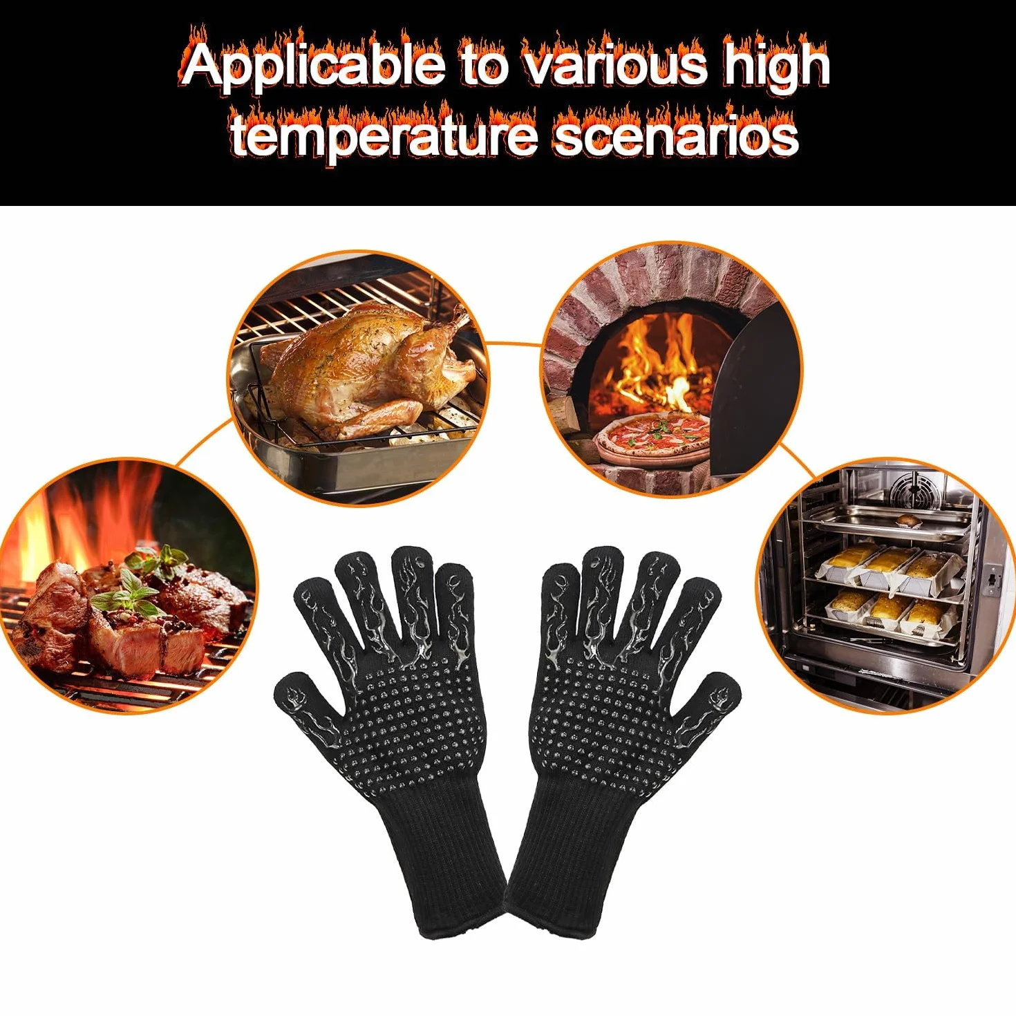 Rękawice do grilla, odporne na wysokie temperatury, 800 stopni, ogniotrwałe, do 800°C, długie rękawice do gotowania, grilla, do pieczenia, na kemping, do grilla (czarne)