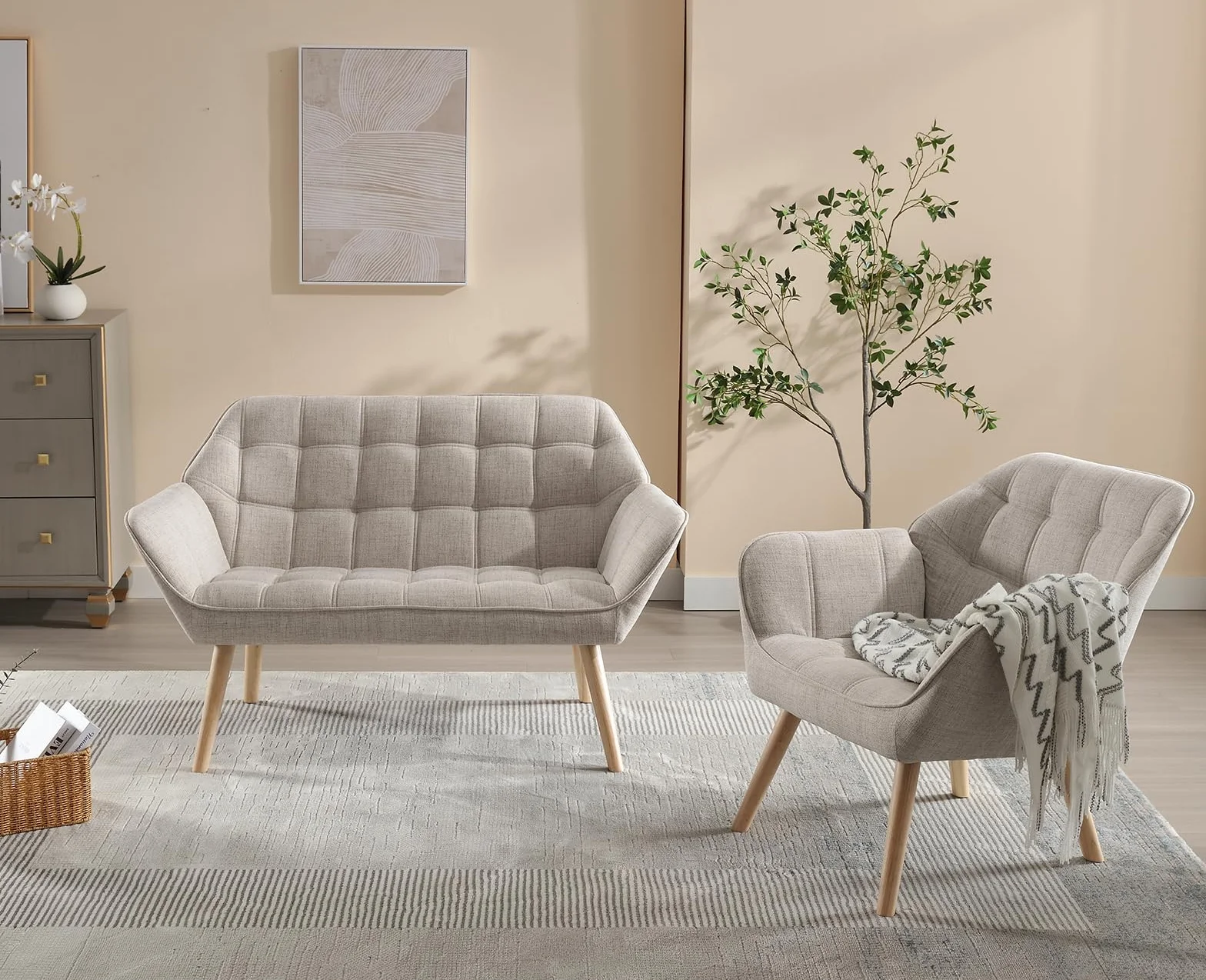 Ya-Home piktowe krzesło tapicerowane z drewnianymi nogami, fotel do salonu/sypialni, beżowe