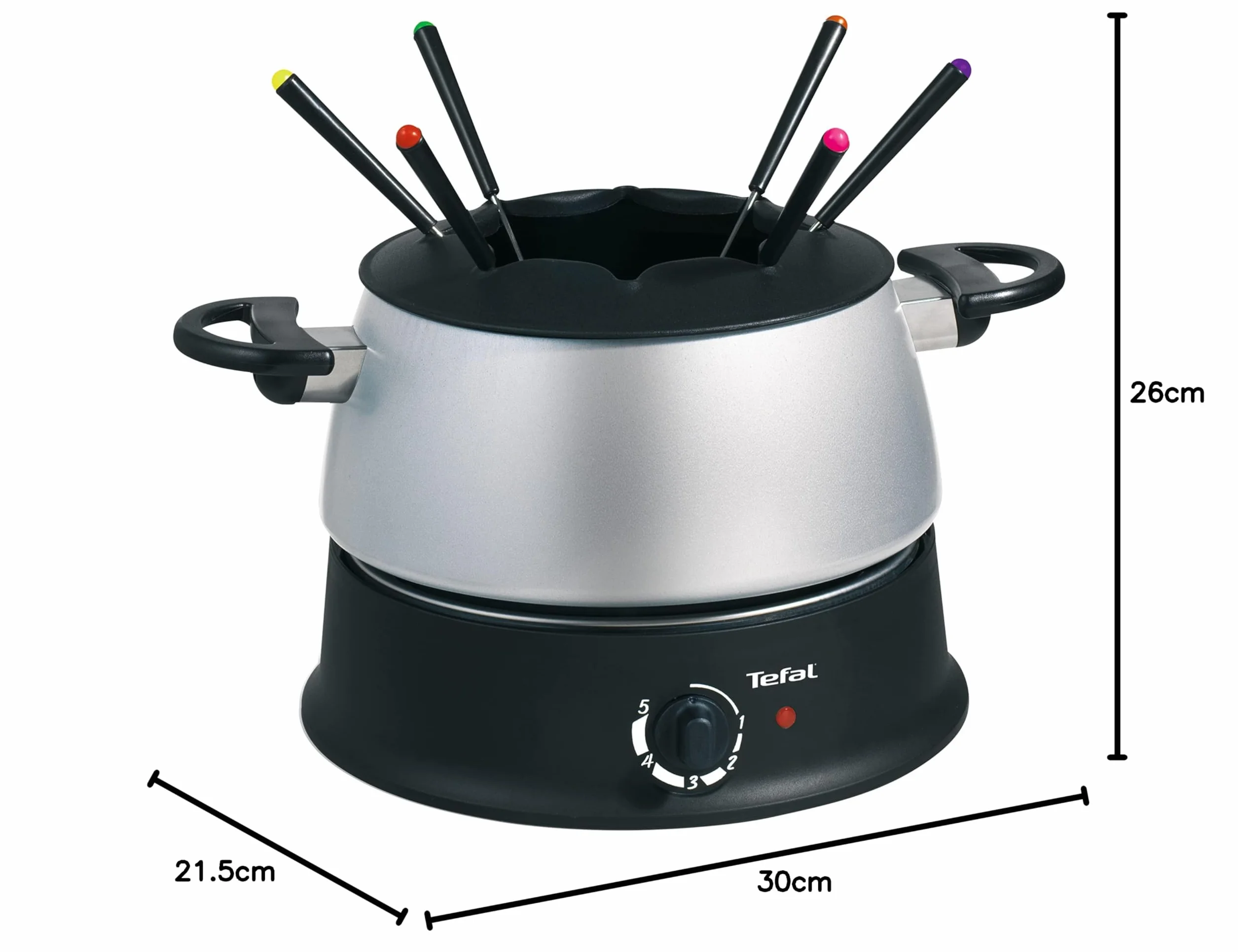Tefal EF3000 Base Ronde | 1200 W | z 6 kolorowymi widelcami | do każdego rodzaju fondue: olej, ser, czekolady| z ochroną przed pryskaniem | regulowany termostat| łatwe czyszczenie | srebrny/czarny