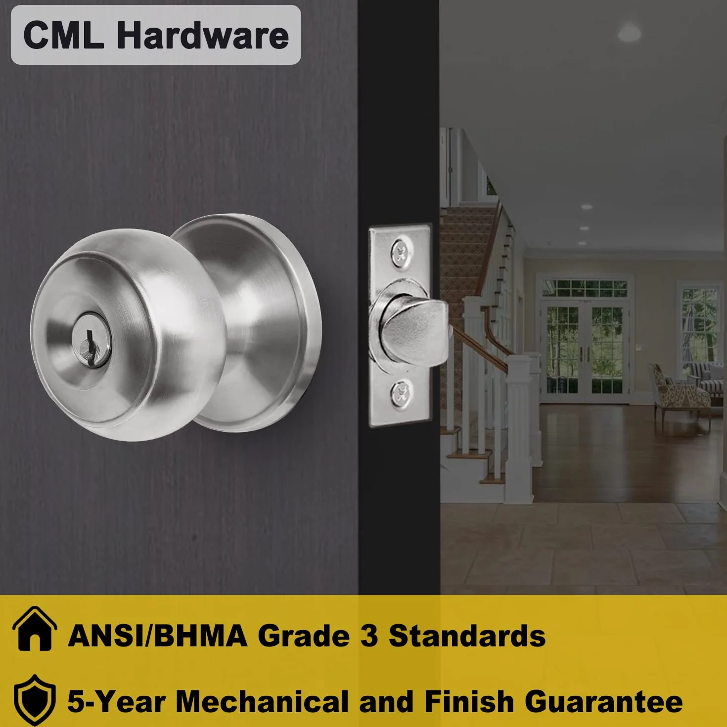 CML Hardware zestaw gałek drzwiowych wejściowych na klucz, zamek drzwiowy ze stali nierdzewnej do drzwi zewnętrznych i wewnętrznych, okrągła gałka, 1 sztuka