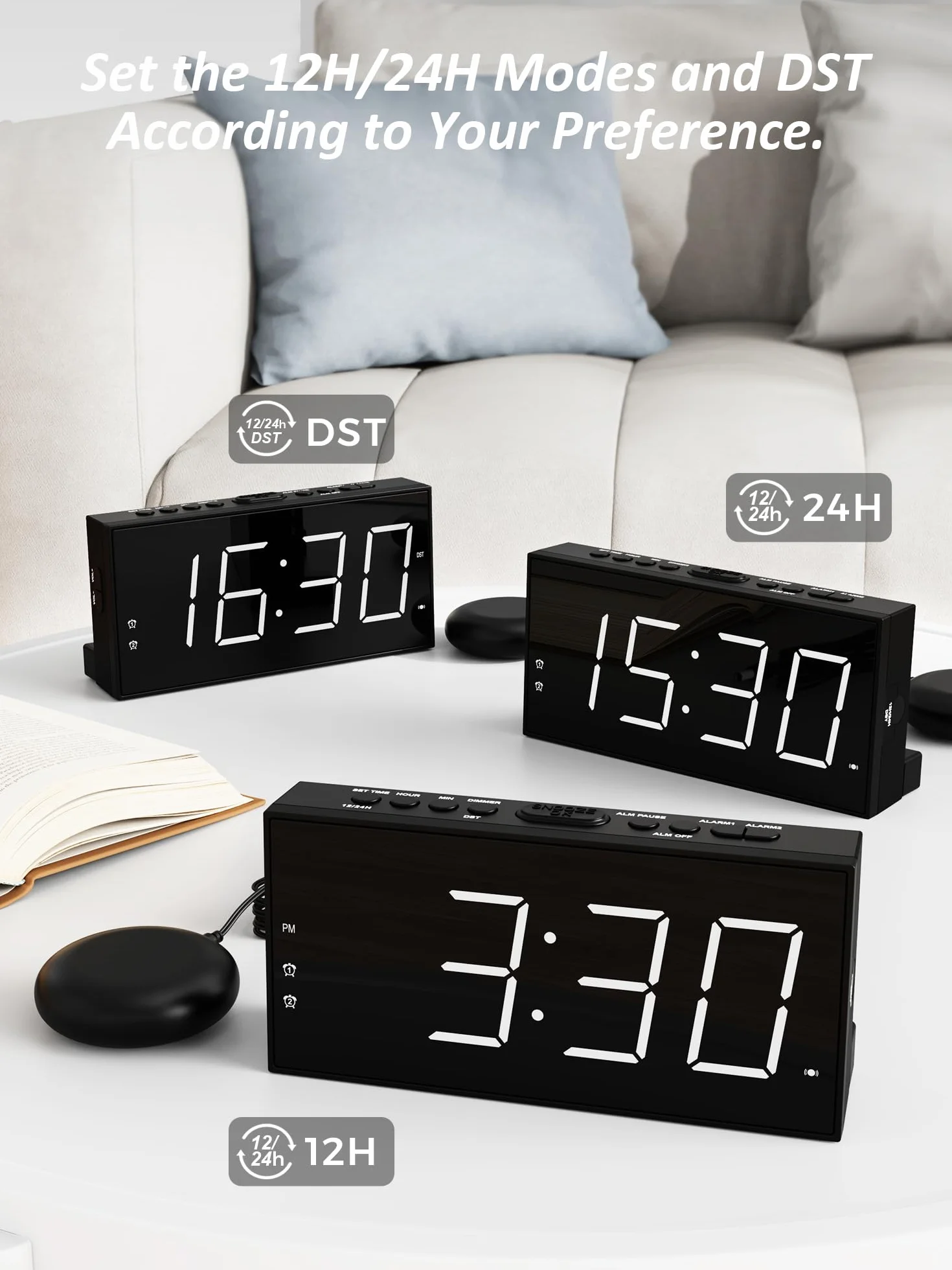 Mesqool Głośny budzik wibracyjny z funkcją spania dla osób niesłyszących, śpiących głęboko, podwójny alarm, ładowarka USB, duży wyświetlacz, drzemka, czas letni 12/24 h, ściemniacz