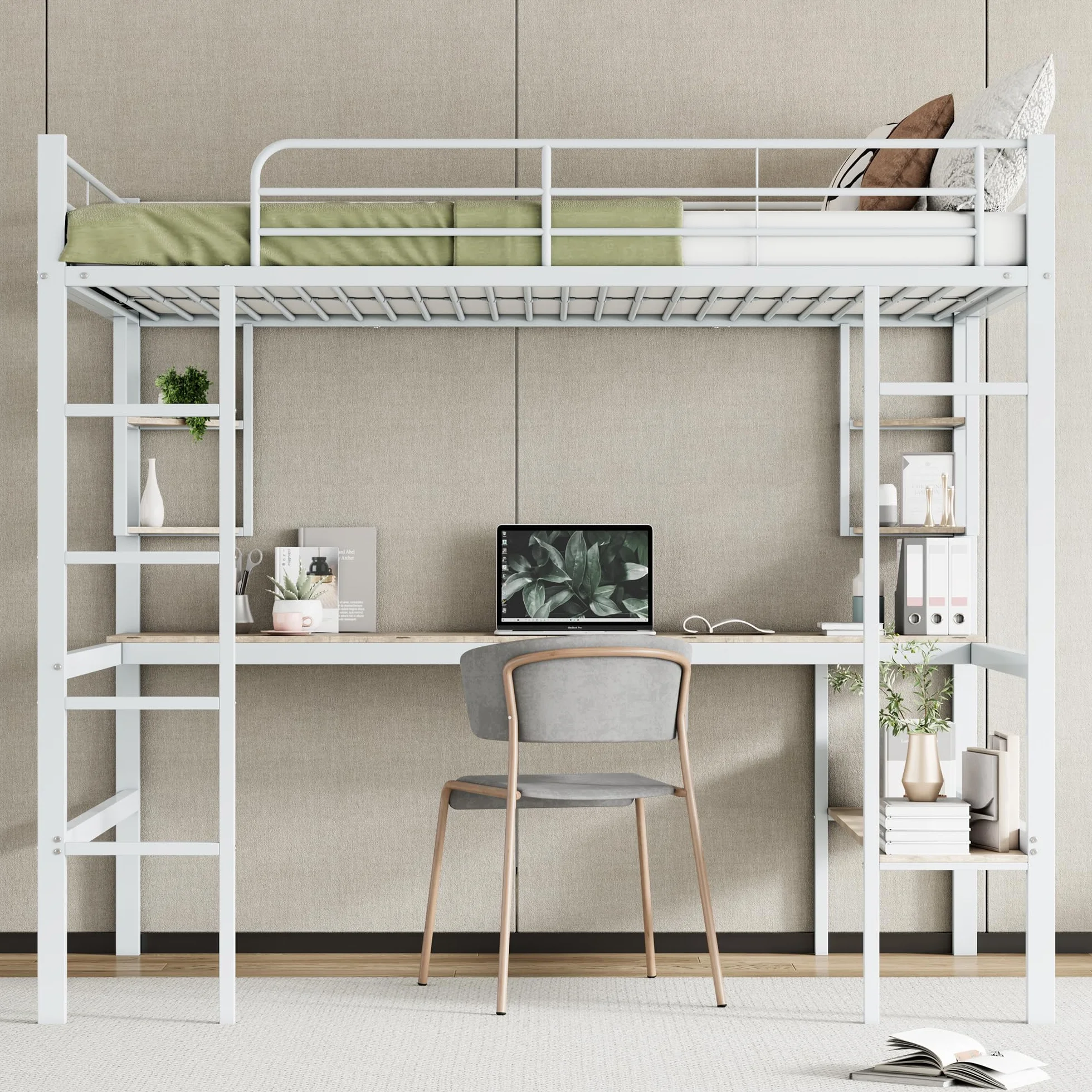 Dolamani metalowe łóżko piętrowe z metalu, 140 x 200 cm, dla dzieci, młodzieży i dorosłych, łóżko piętrowe z biurkiem i półką, zabezpieczenie przed wypadnięciem, bezpieczne wzornictwo