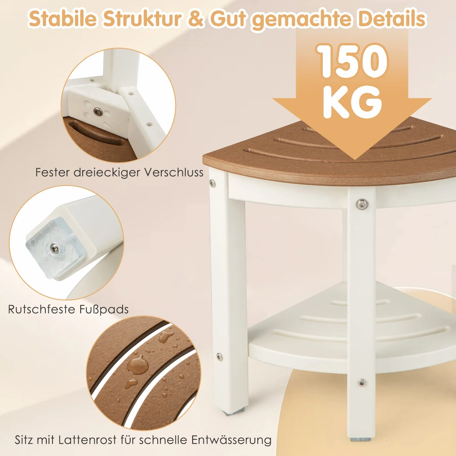 COSTWAY Ławeczka prysznicowa, ławka do siedzenia z półką, taboret łazienkowy, kształt wachlarza, obciążenie do 165 kg, ławka łazienkowa, krzesło prysznicowe, brązowy + biały, 32,5 x 32,5 x 43,5 cm