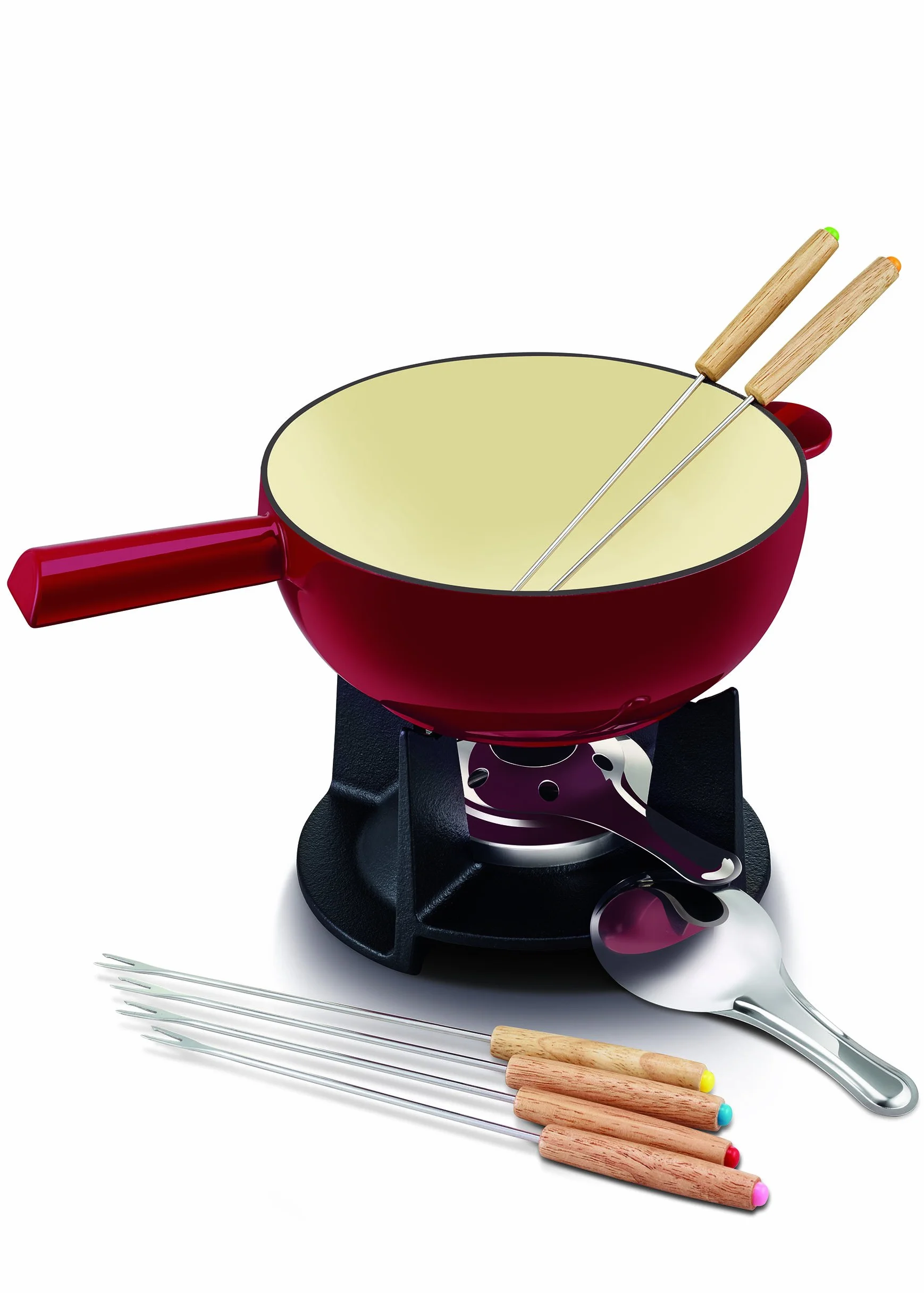 Beka Żeliwny garnek do fondue dla 6 osób, do fondue serowego, nadaje się do płyt indukcyjnych, żeliwo, 2 l, czerwony, autentyczny zestaw do fondue, łącznie z 6 widelcami do fondue i palnikiem