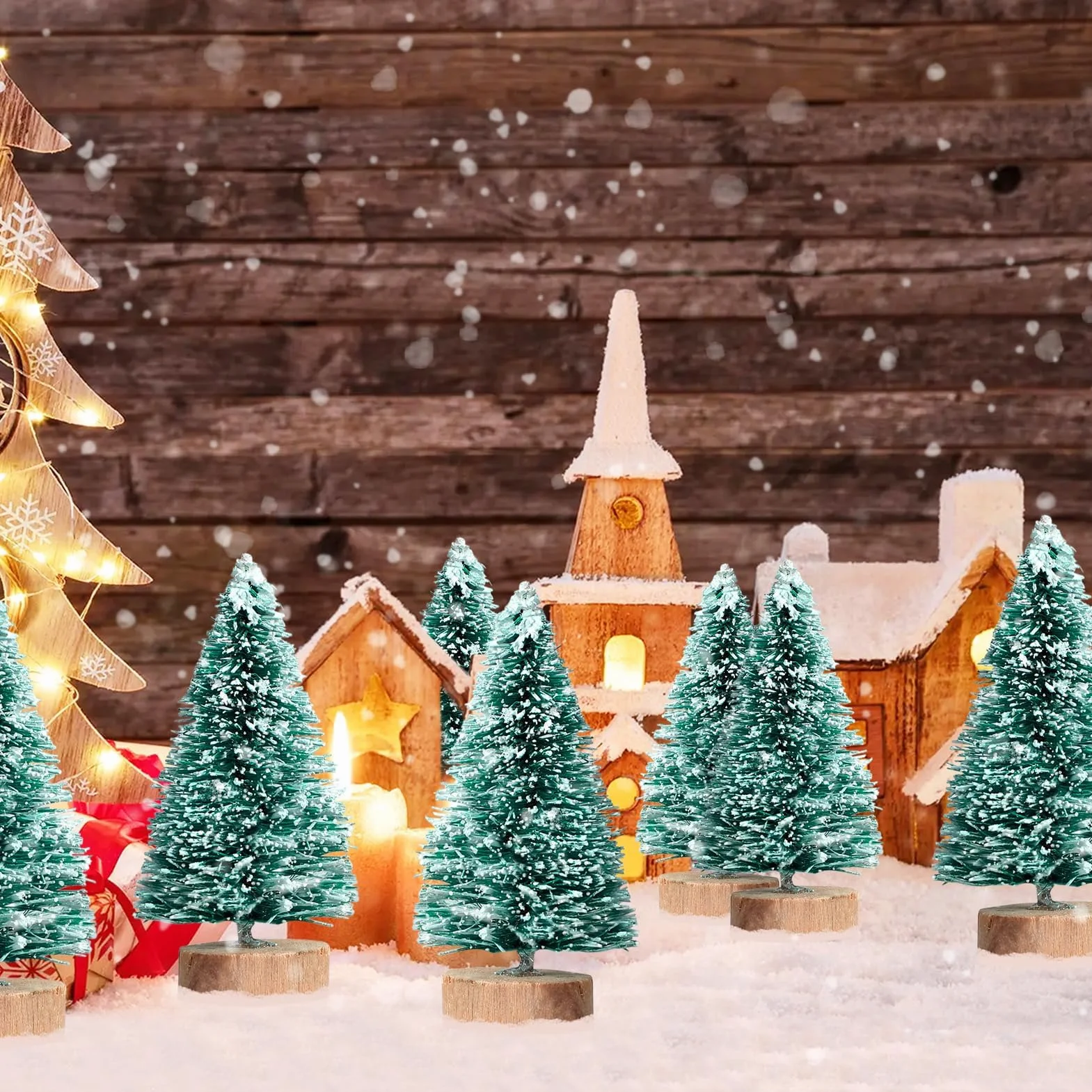 MELLIEX 24 szt. miniaturowe sztuczne choinki stołowe śnieżne matowe drzewa z drewnianą podstawą