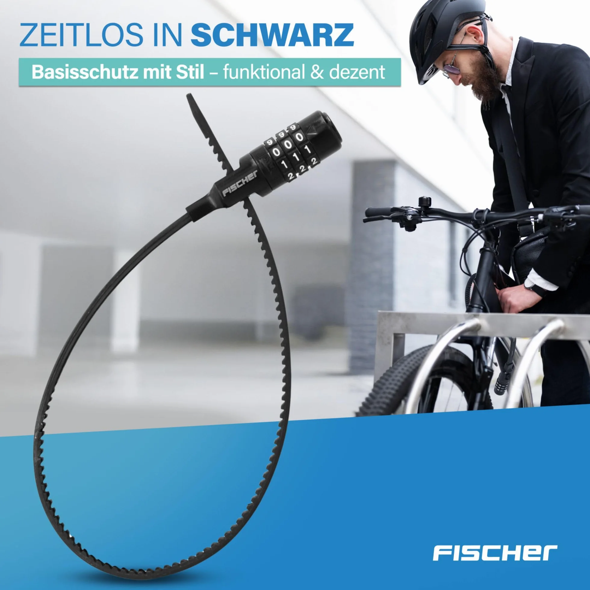 FISCHER Zamek rowerowy, specjalny zamek z zamkiem szyfrowym, do roweru, kasku lub jazdy na nartach, czarny, długość: 53 cm