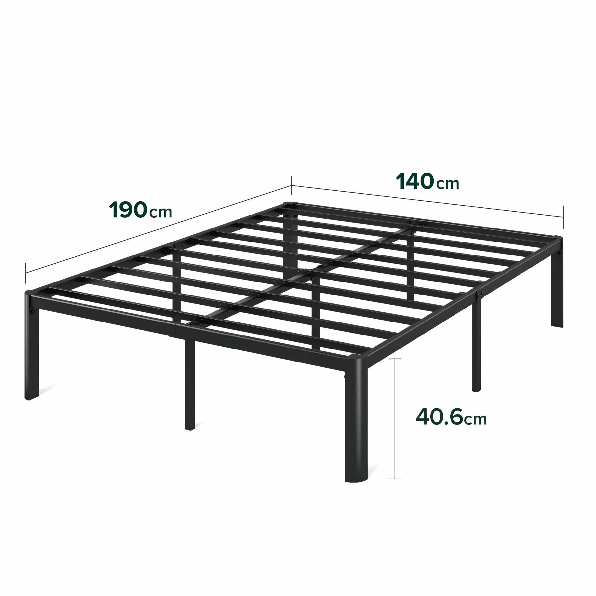 Zinus Van łóżko 140 x 190 cm, wysokość ramy łóżka 41 cm z miejscem do przechowywania pod łóżkiem, metalowa rama łóżka na platformie - czarne