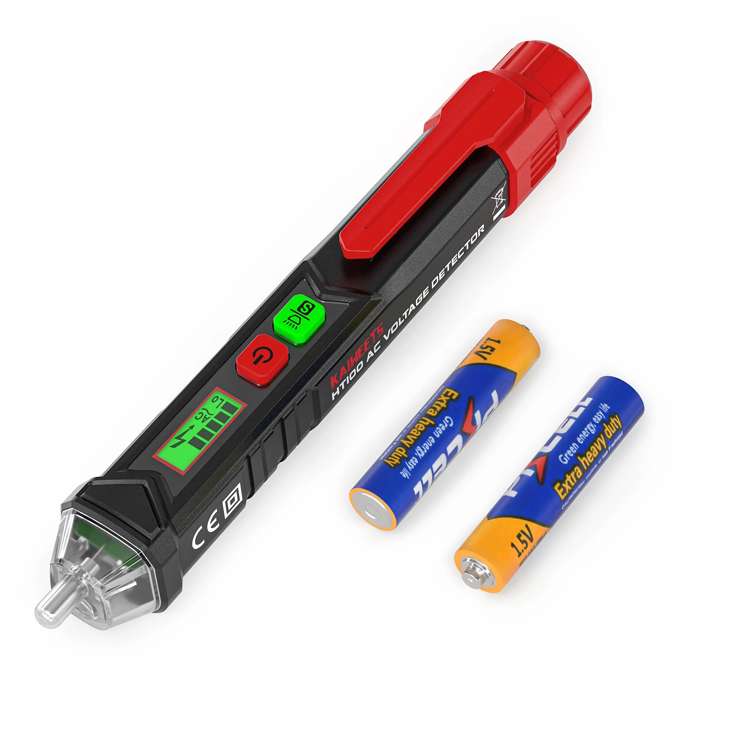Kaiweets AC bezdotykowy próbnik napięcia/fazy,tester prądu AC 12-1000V/48V-1000V, brzęczyk akustyczny i kontrolka, z wyświetlaczem LCD i latarką