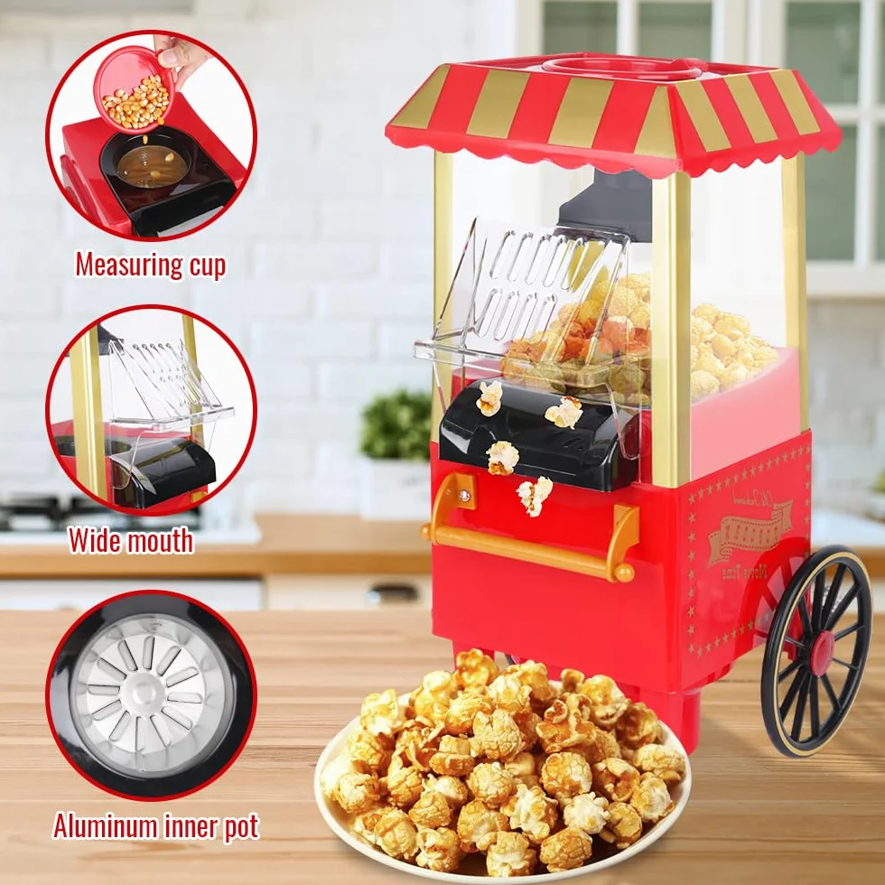 Maszyna do popcornu w stylu retro, na gorące powietrze, do beztłuszczowego i bezolejowego popcornu, zdrowa maszyna do popcornu do domu, czerwona, maszyna do popcornu bez oleju
