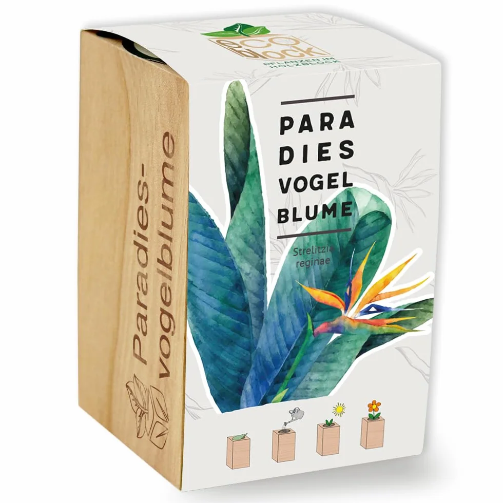 Feel Green ecoblock Rajski ptak kwiat, zrównoważony pomysł na prezent (100% przyjazny dla środowiska), Grow Your Own/zestaw do uprawy, rośliny w bloku drewnianym, wyprodukowano w Austrii