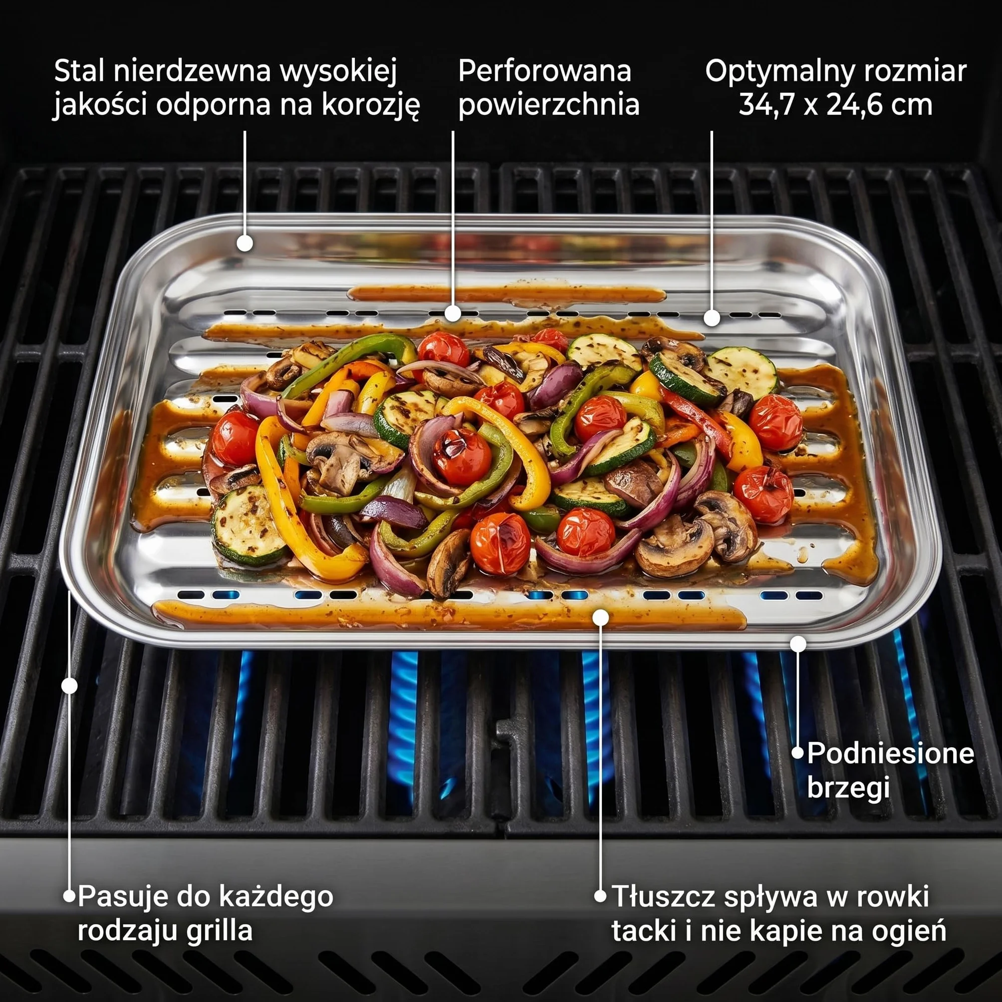 Wielorazowa Tacka do Grilla ze Stali Nierdzewnej 34,7x24,6 cm - metalowa taca do grillowania warzyw, mięs i ryb - do grilla gazowego i węglowego