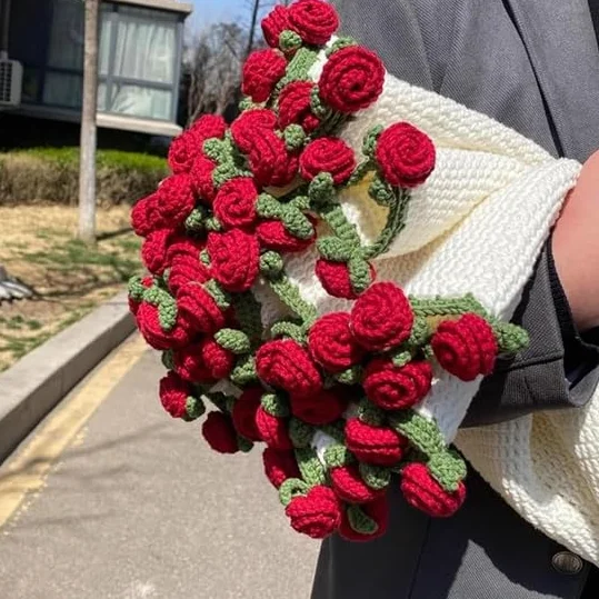Gotowy produkt, bukiet kwiatów, ręcznie robiony, przytulny koc, bukiet kwiatów, szydełkowane kwiaty, koc "zrób to sam" jako prezent na Dzień Matki, urodziny, dekoracja domu (czerwony, 110 cm)