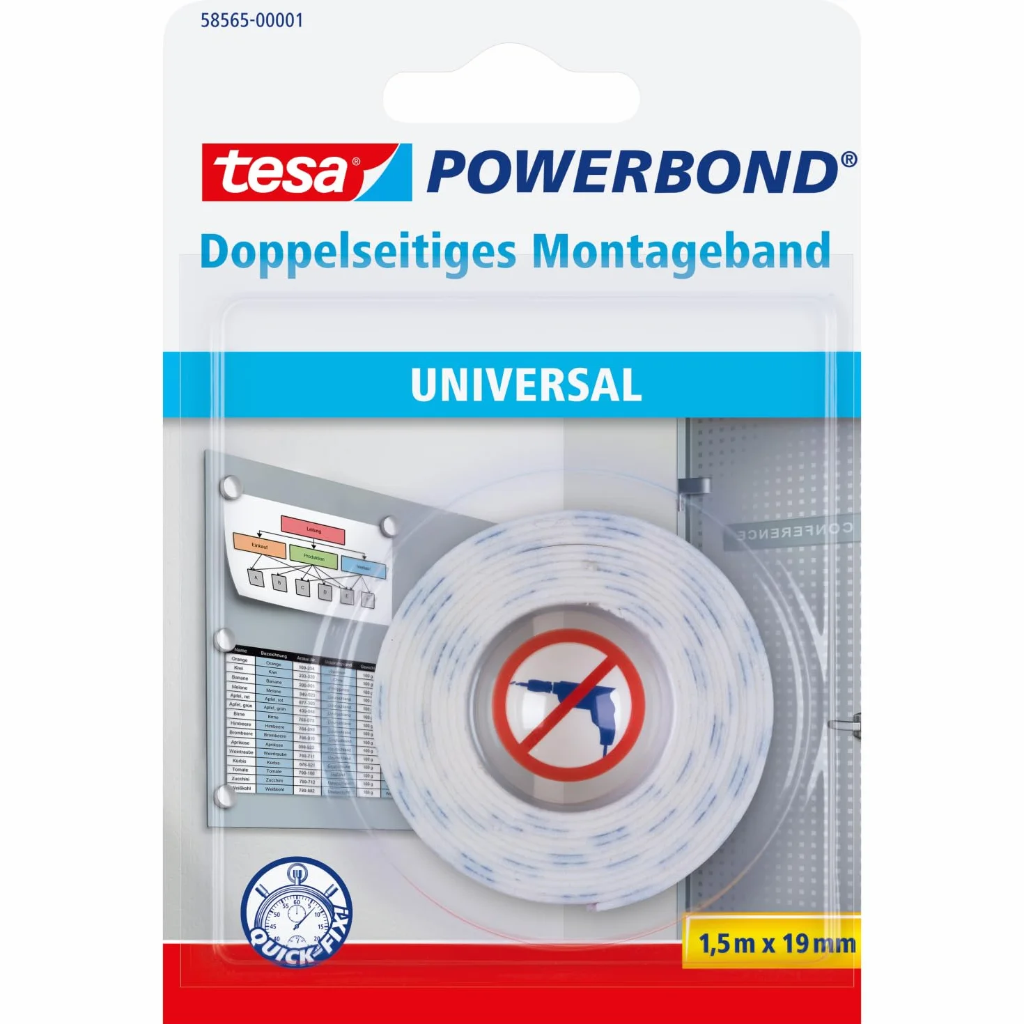 tesa Powerbond Dwustronna Taśma Montażowa, Uniwersalna Taśma Samoprzylepna do Wnętrz, Łatwa w Użyciu, Wymiary: 1,5 m x 19 mm, Biała