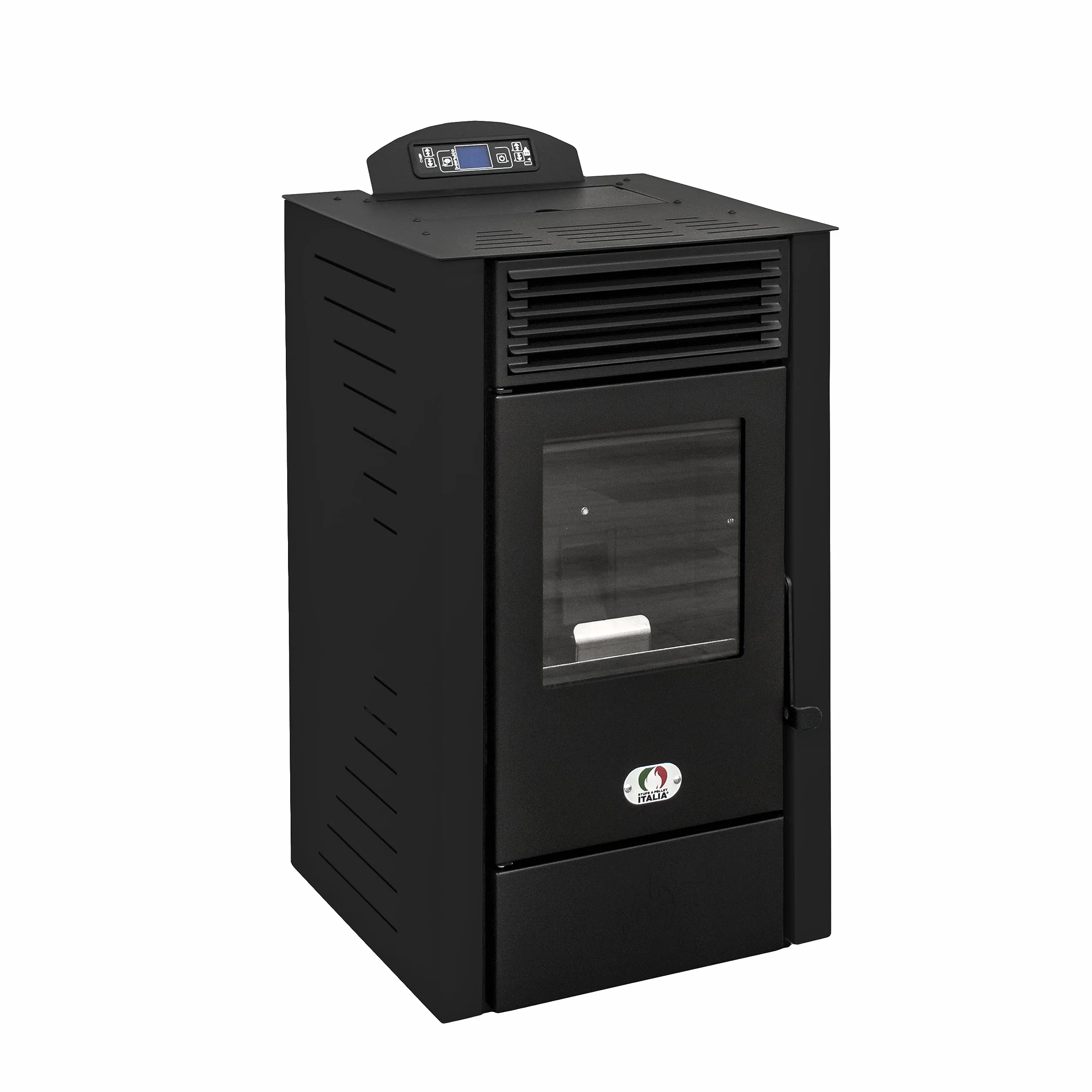 STUFE A PELLET ITALIA - California 8Kw - Piec wentylacyjny, Wydajność 91%, Ogrzewanie 70m², Autonomia 20H, 5 prędkości i mocy, Programowalny, 24 Miesięcy Gwarancja, CZARNY