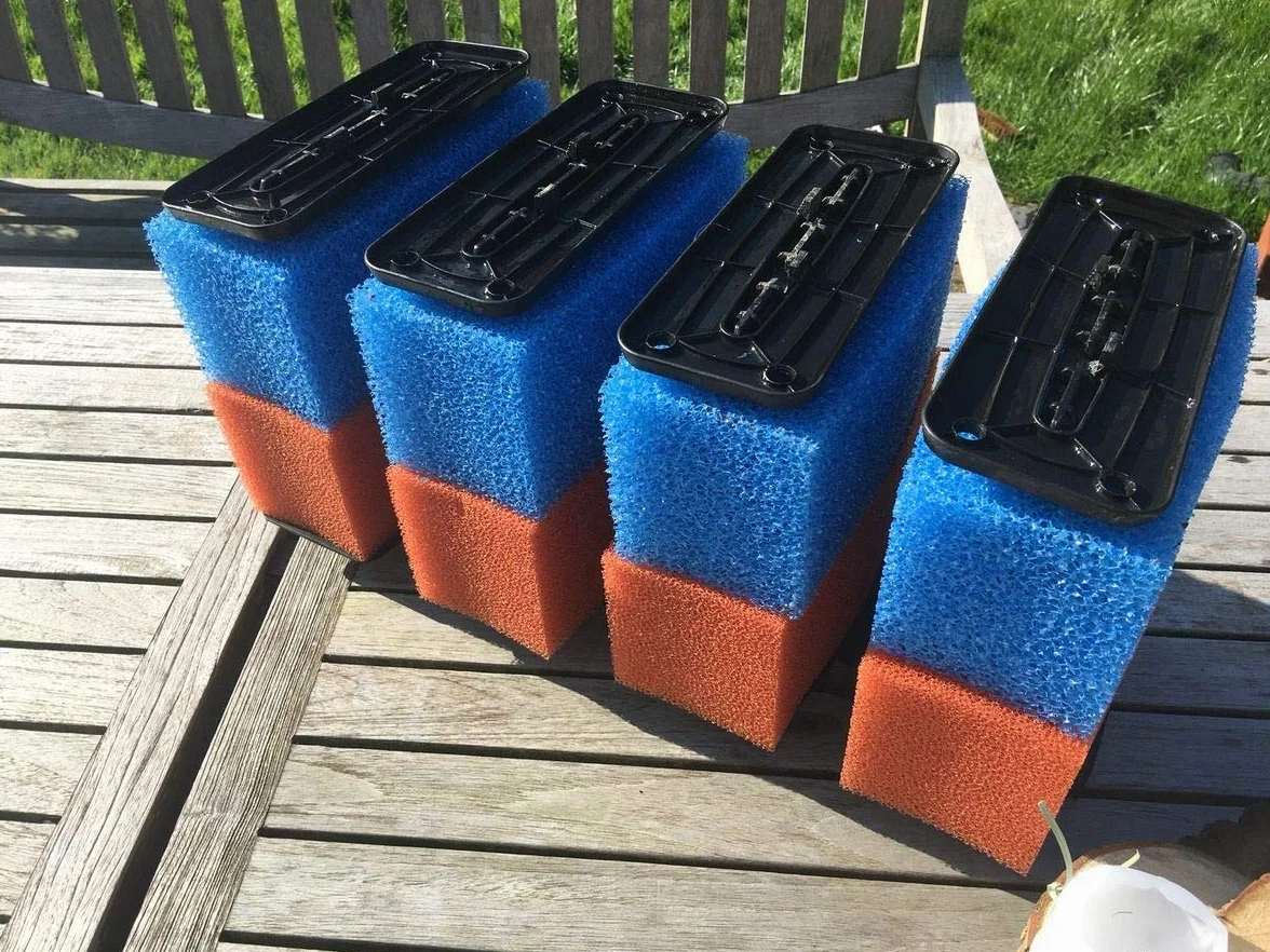 36 x zapasowa gąbka filtrująca pasująca do Oase BioTec 36 + Screenmatic, zestaw 18 x niebieskich 18 x czerwonych gąbek do stawu Koi, części zamienne, filtr przepływowy do oczyszczania wody