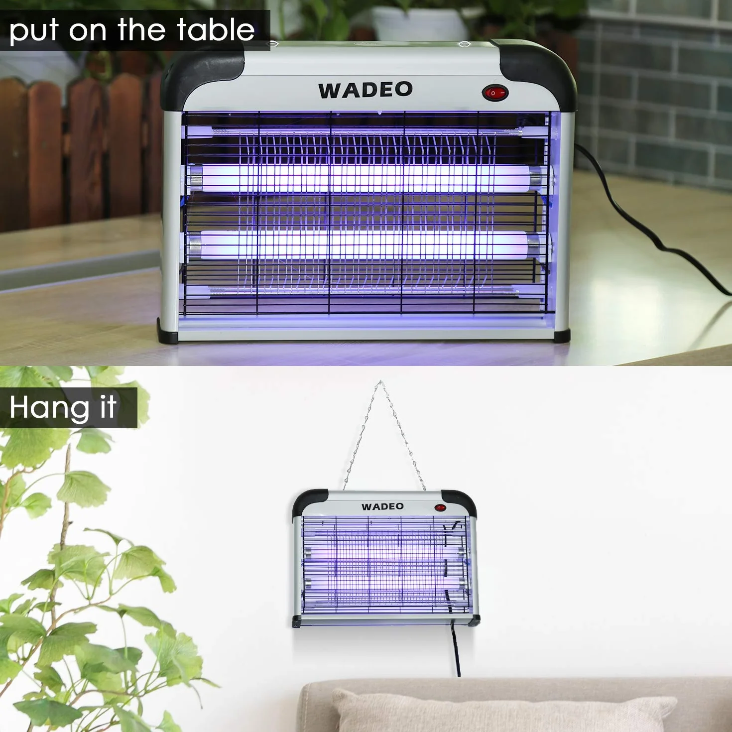WADEO Elektryczna pułapka na owady, 20 W, lampa przeciw komarom, ochrona przed komarami, bez środków chemicznych, ze światłem LED, pułapka na muchy, pułapka na muchy, lampa do zawieszenia, nadaje się