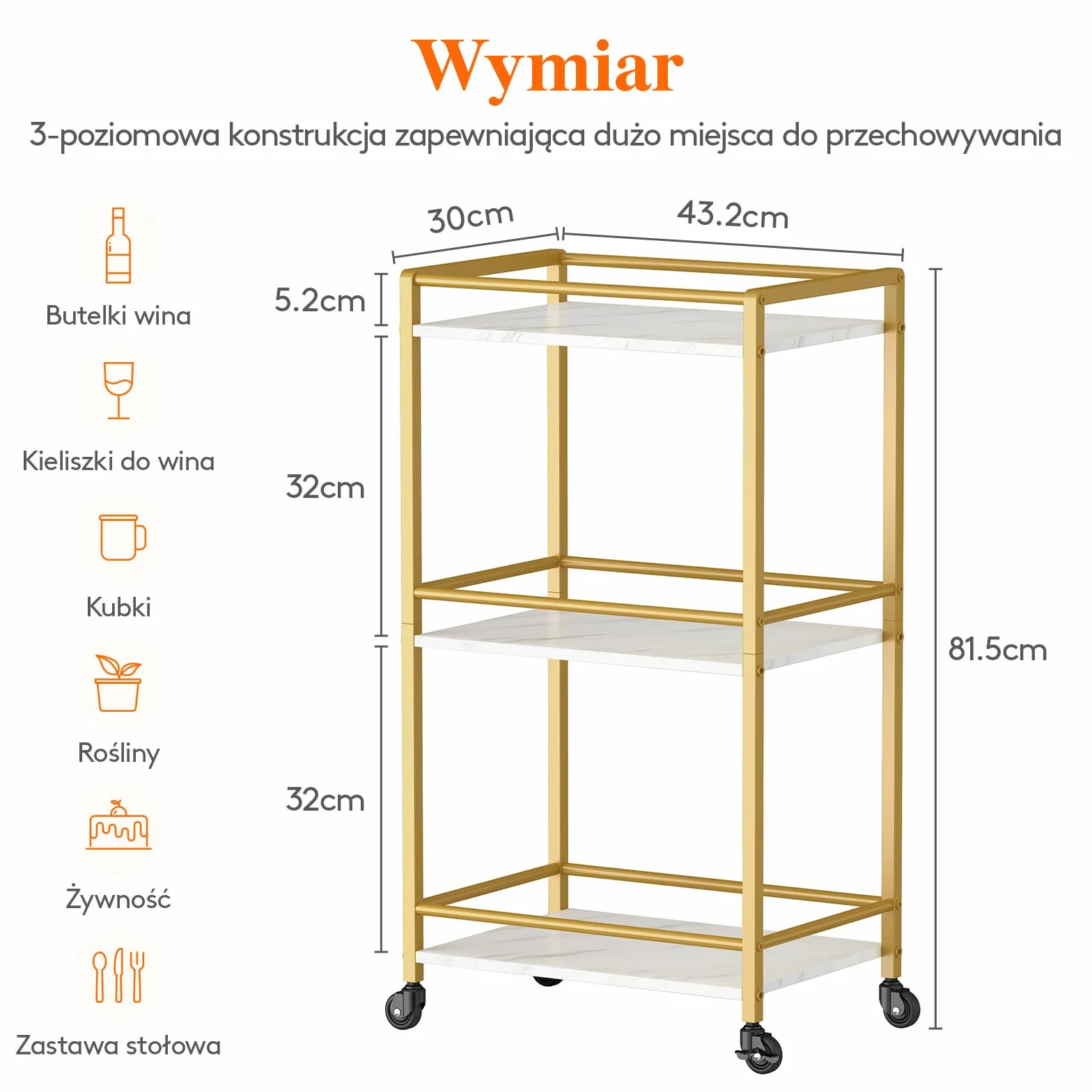 Wózek na napoje Lifewit, 3-poziomowy wózek barowy, wózek do serwowania herbaty na zamykanych kółkach, wózek na alkohol do jadalni i salonu, 43,2 x 30 x 81,5 cm, złoty