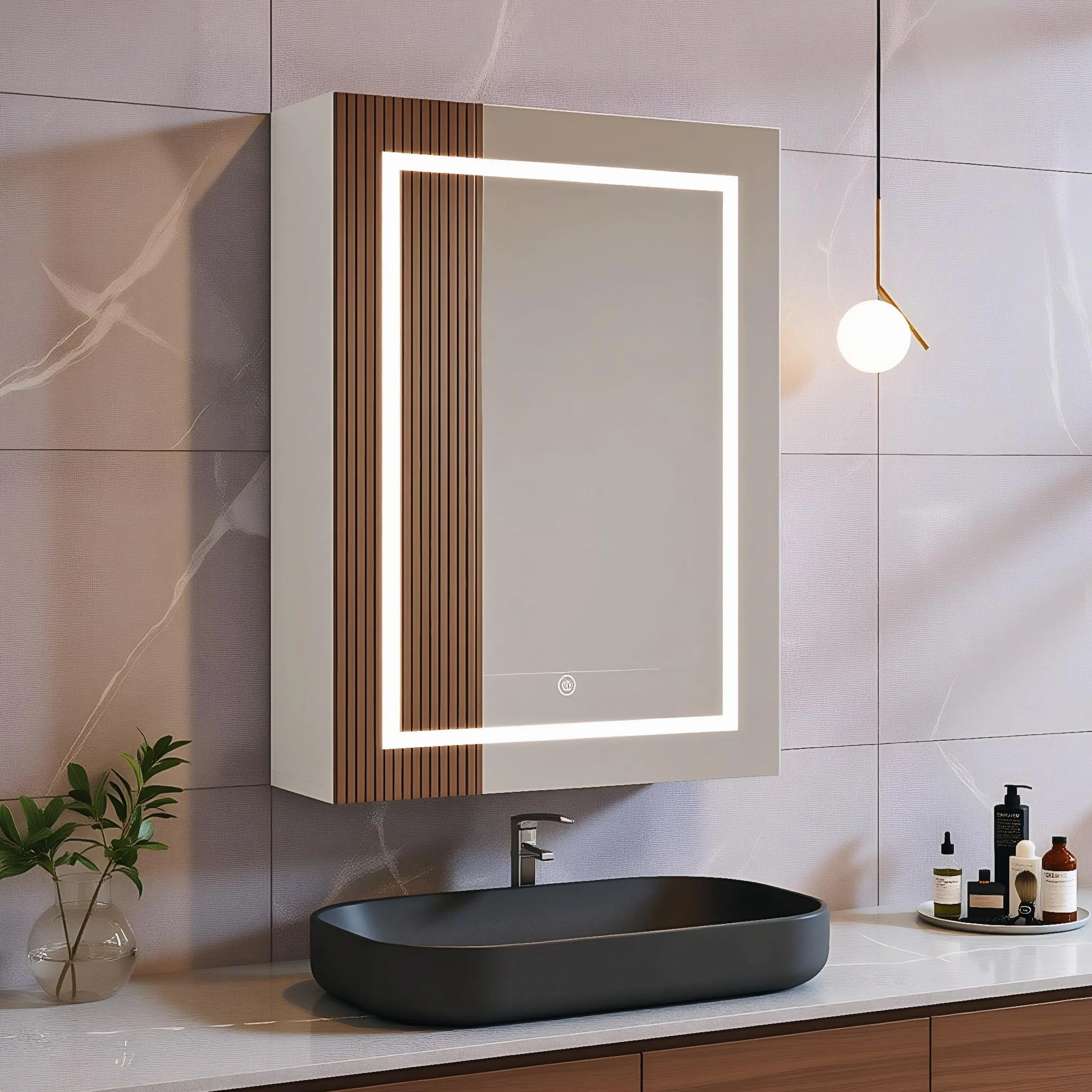 Szafka łazienkowa z lustrem z oświetleniem LED i przełącznikiem dotykowym, pojedyncze drzwi, 50 x 15 x 70 cm, 3 kolory i możliwość ściemniania, regulowana półka, biała