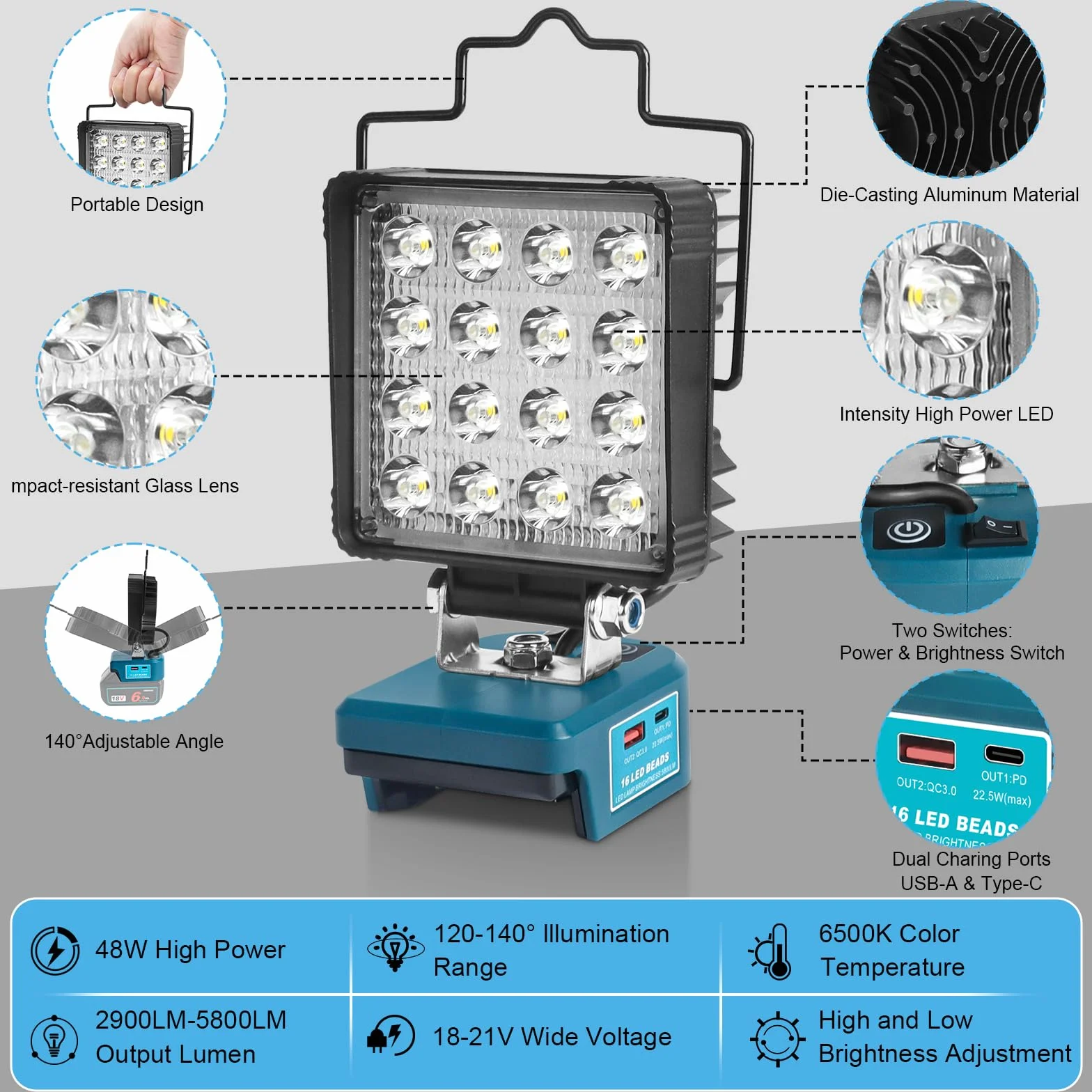 QUPERR Lampa bezprzewodowa kompatybilna z Makita 18V, 48W 5800LM LED lampa robocza, przenośny reflektor z USB i Type-C do auta, kempingu i awaryjnego oświetlenia (bez akumulatora)