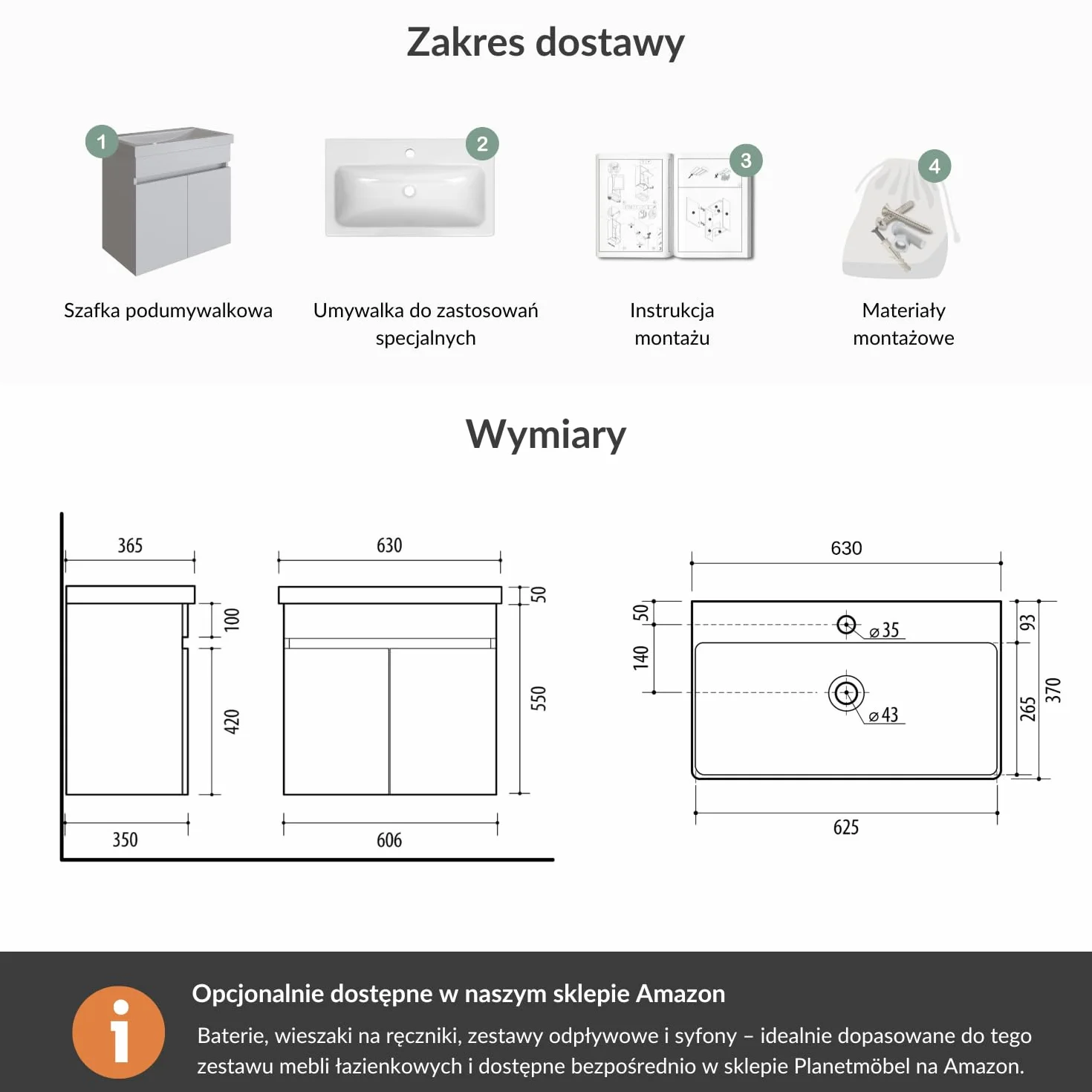 Planetmöbel szafka pod umywalkę wisząca 64 cm z umywalką ceramiczną, 2-częściowy zestaw mebli łazienkowych w kolorze białym, nowoczesny design